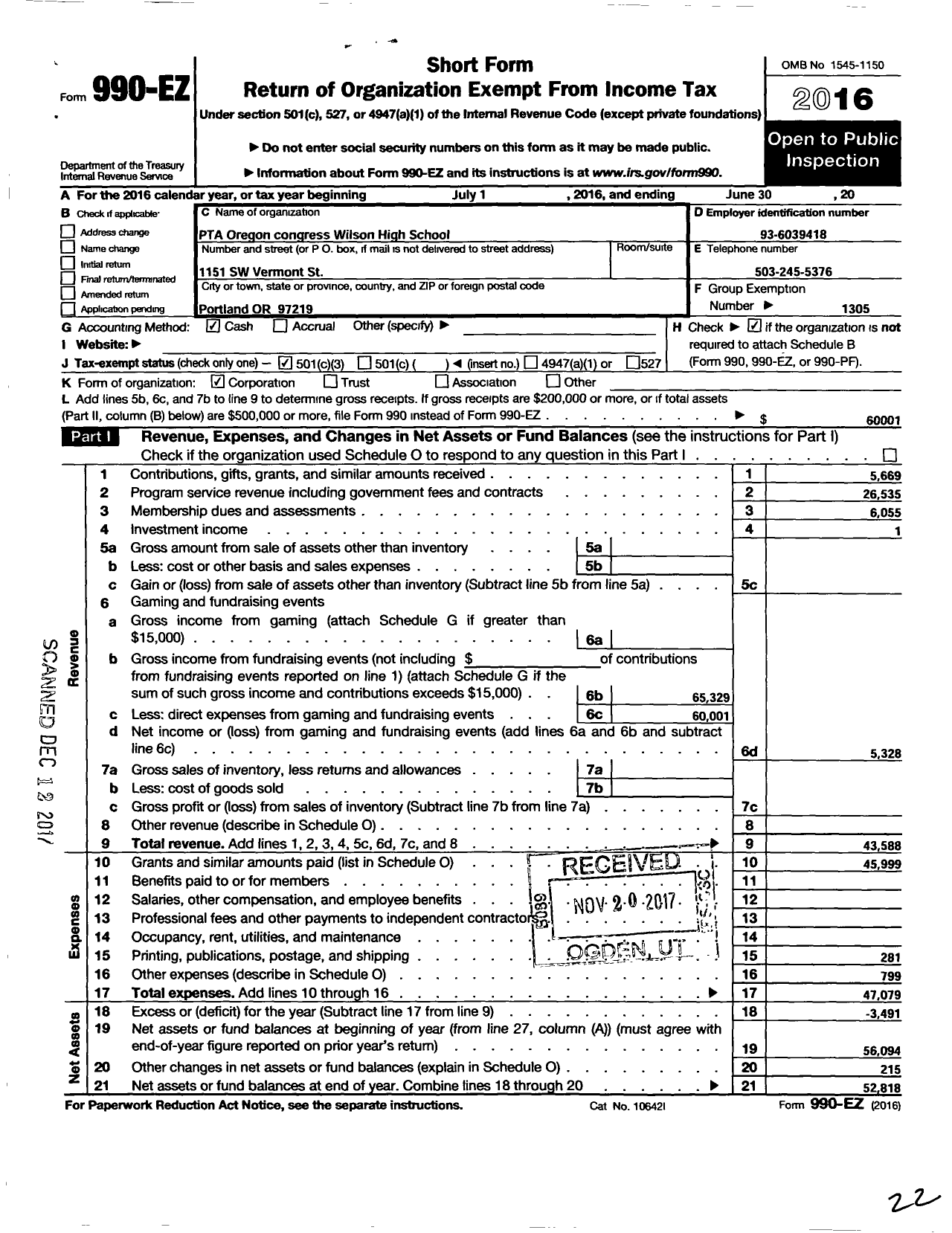 Image of first page of 2015 Form 990EZ for PTA Oregon Congress / Ida B Wells High School PTA