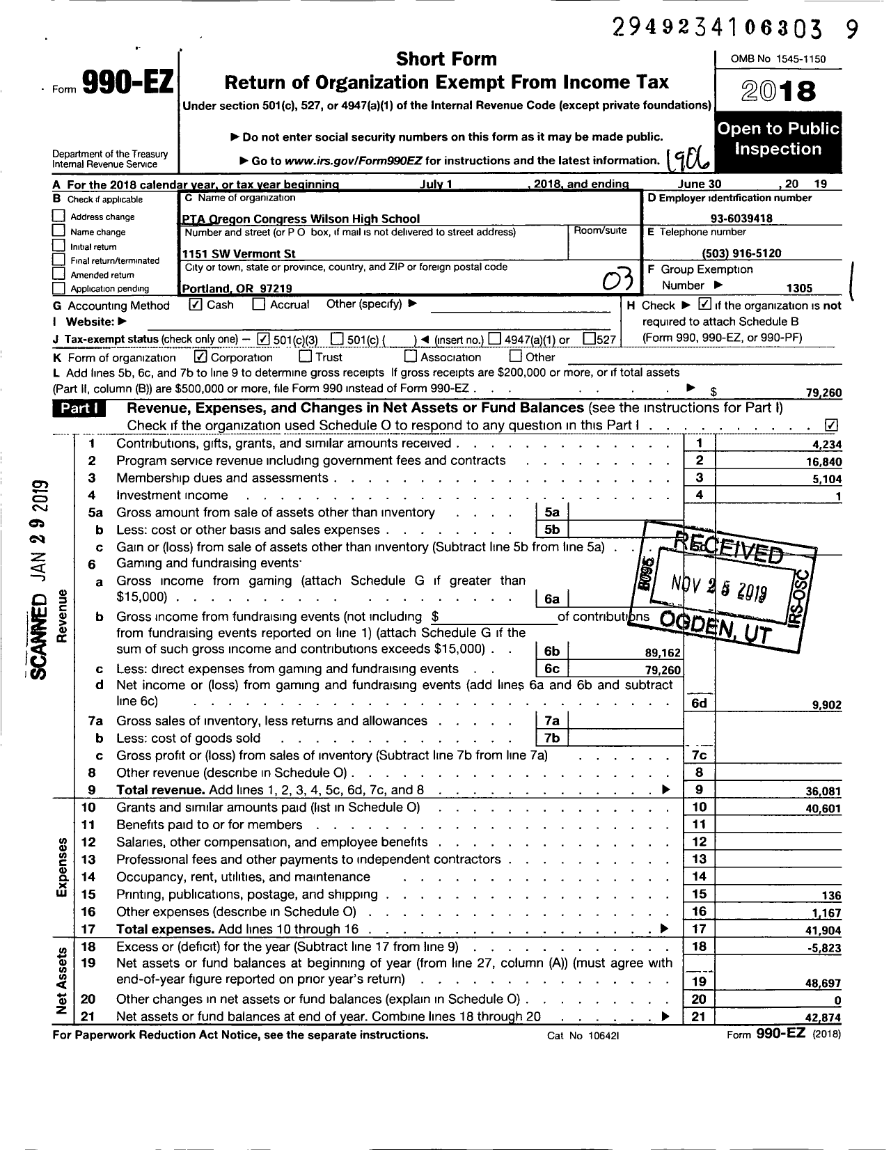 Image of first page of 2018 Form 990EZ for PTA Oregon Congress / Ida B Wells High School PTA