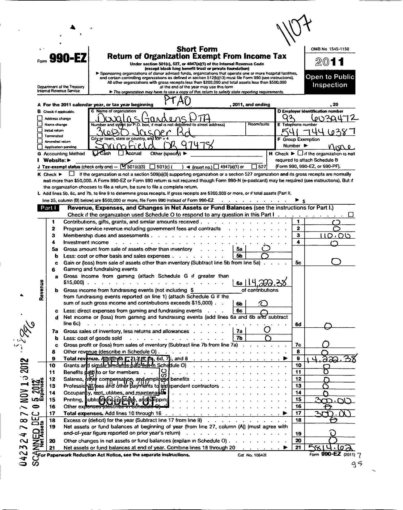 Image of first page of 2010 Form 990EZ for PTA Oregon Congress / Douglas Gardens PTA