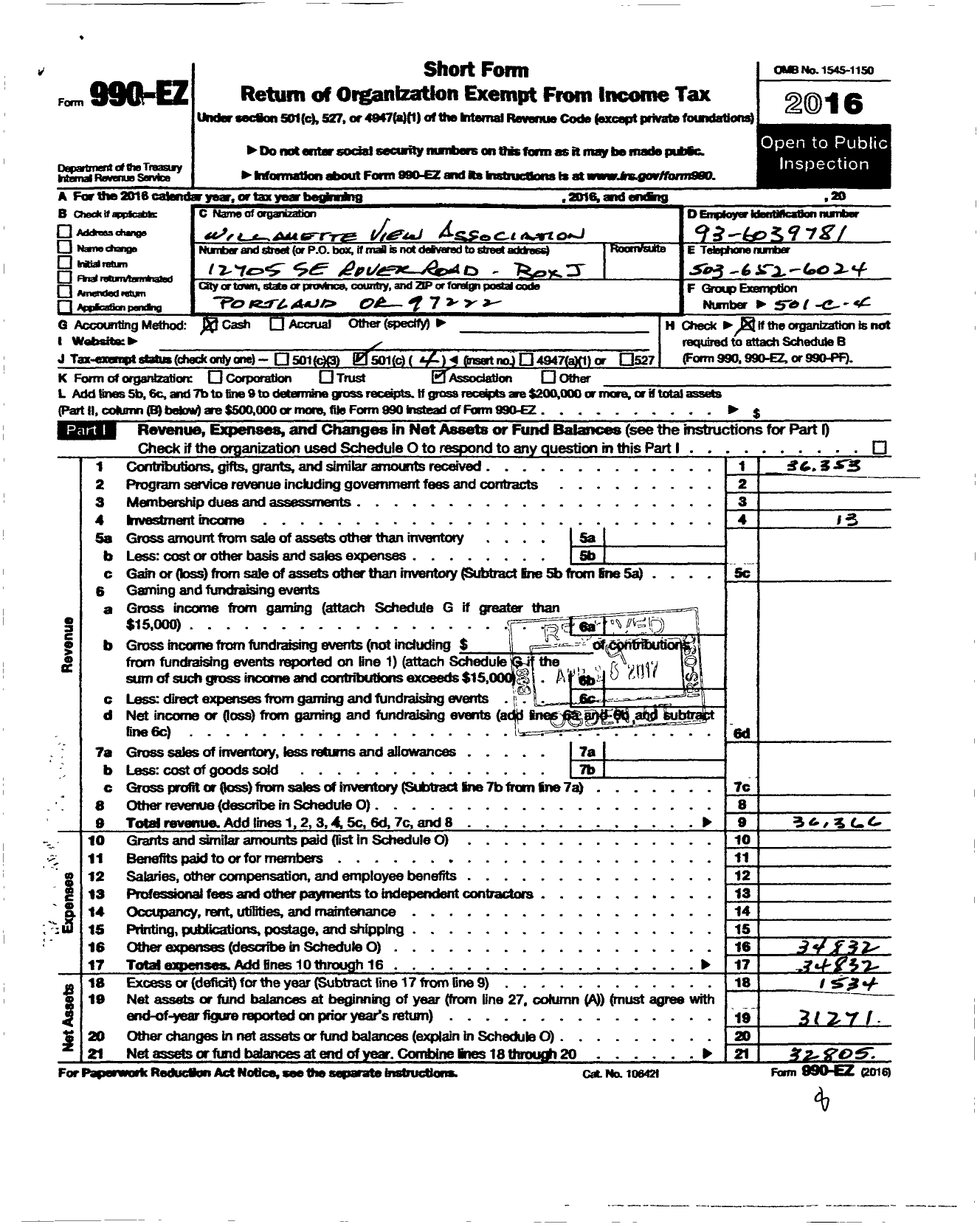 Image of first page of 2016 Form 990EO for Willamette View Association