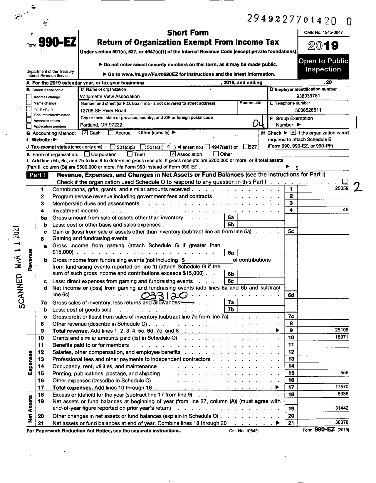 Image of first page of 2019 Form 990EO for Willamette View Association