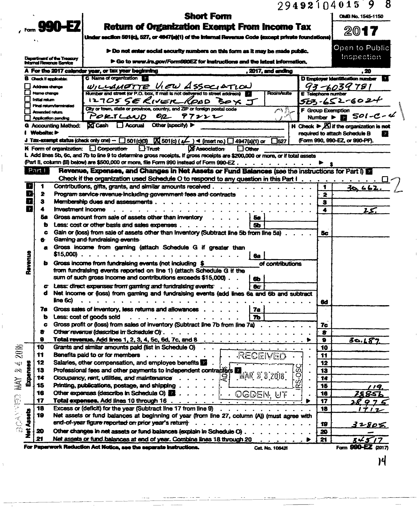 Image of first page of 2017 Form 990EO for Willamette View Association