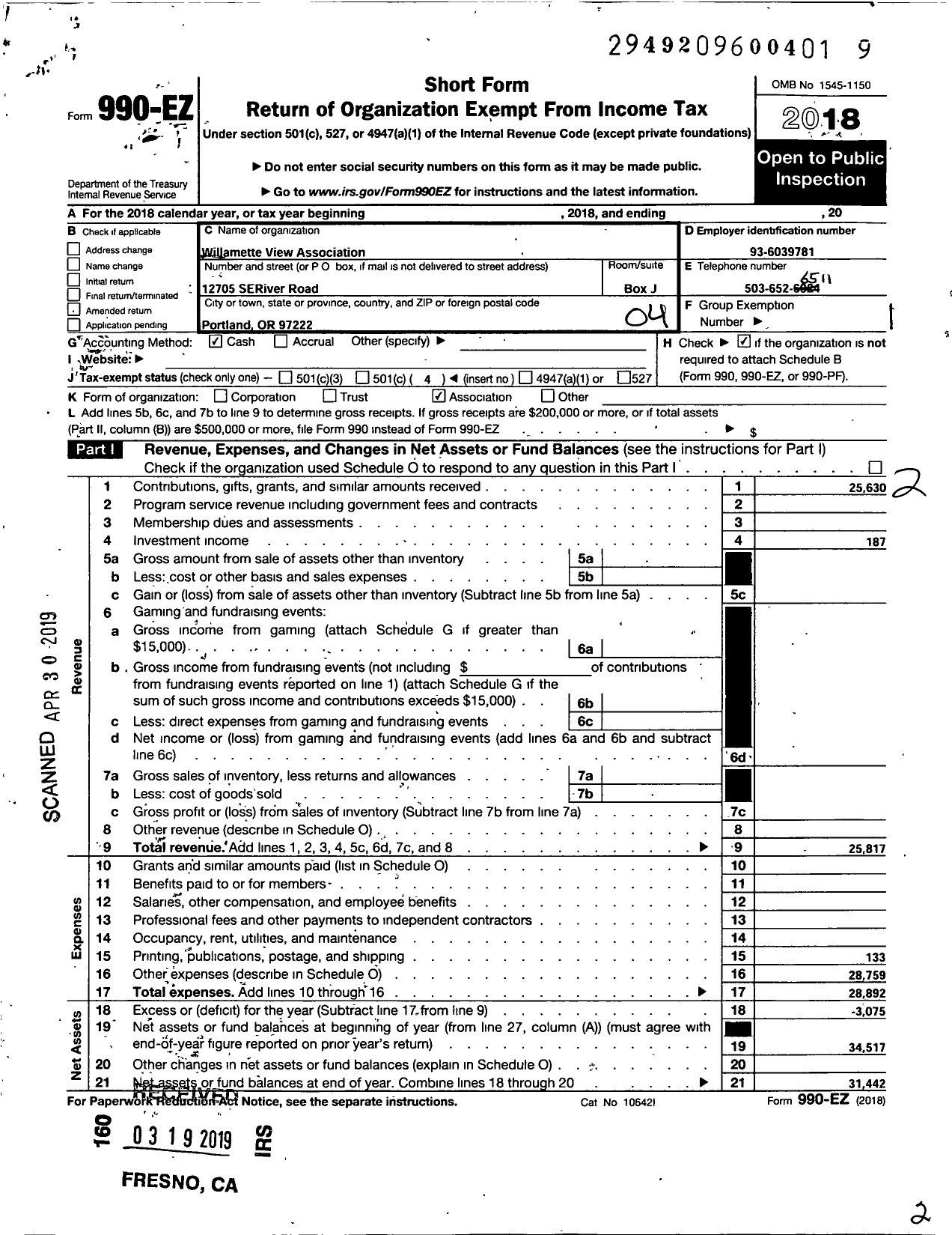 Image of first page of 2018 Form 990EO for Willamette View Association