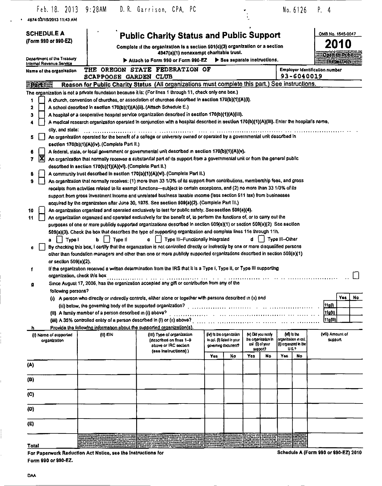 Image of first page of 2010 Form 990ER for The Oregon State Federation of Garden Clubs / Scappoose Garden Club