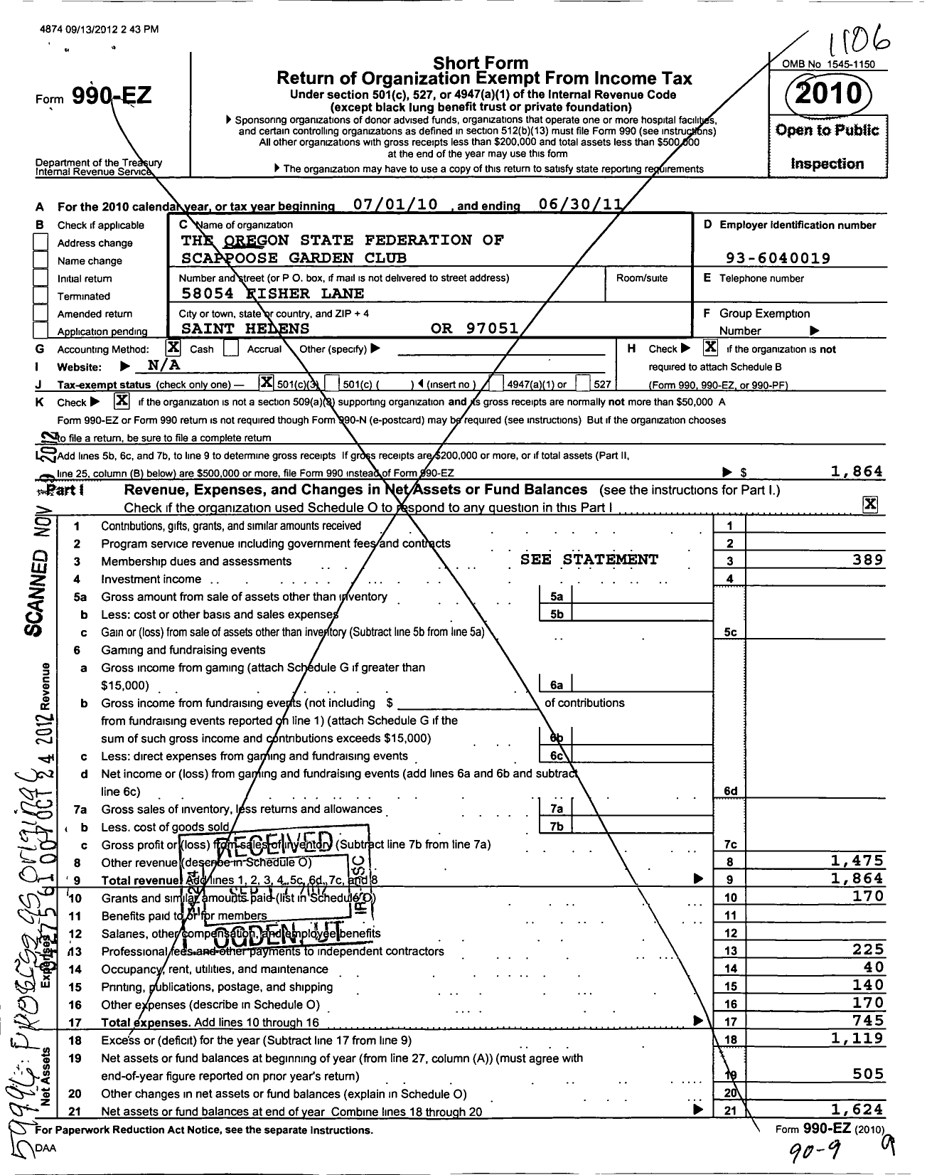 Image of first page of 2010 Form 990EZ for The Oregon State Federation of Garden Clubs / Scappoose Garden Club