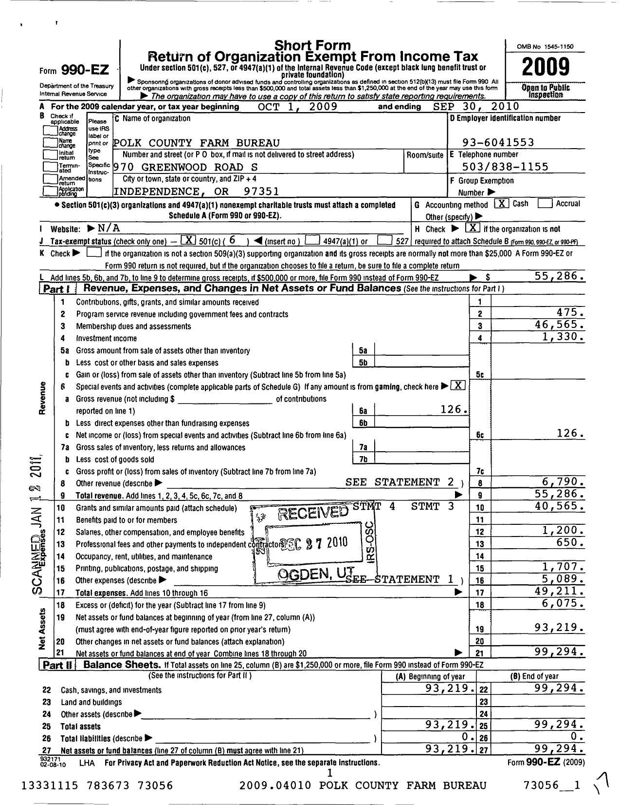 Image of first page of 2009 Form 990EO for Polk County Farm Bureau