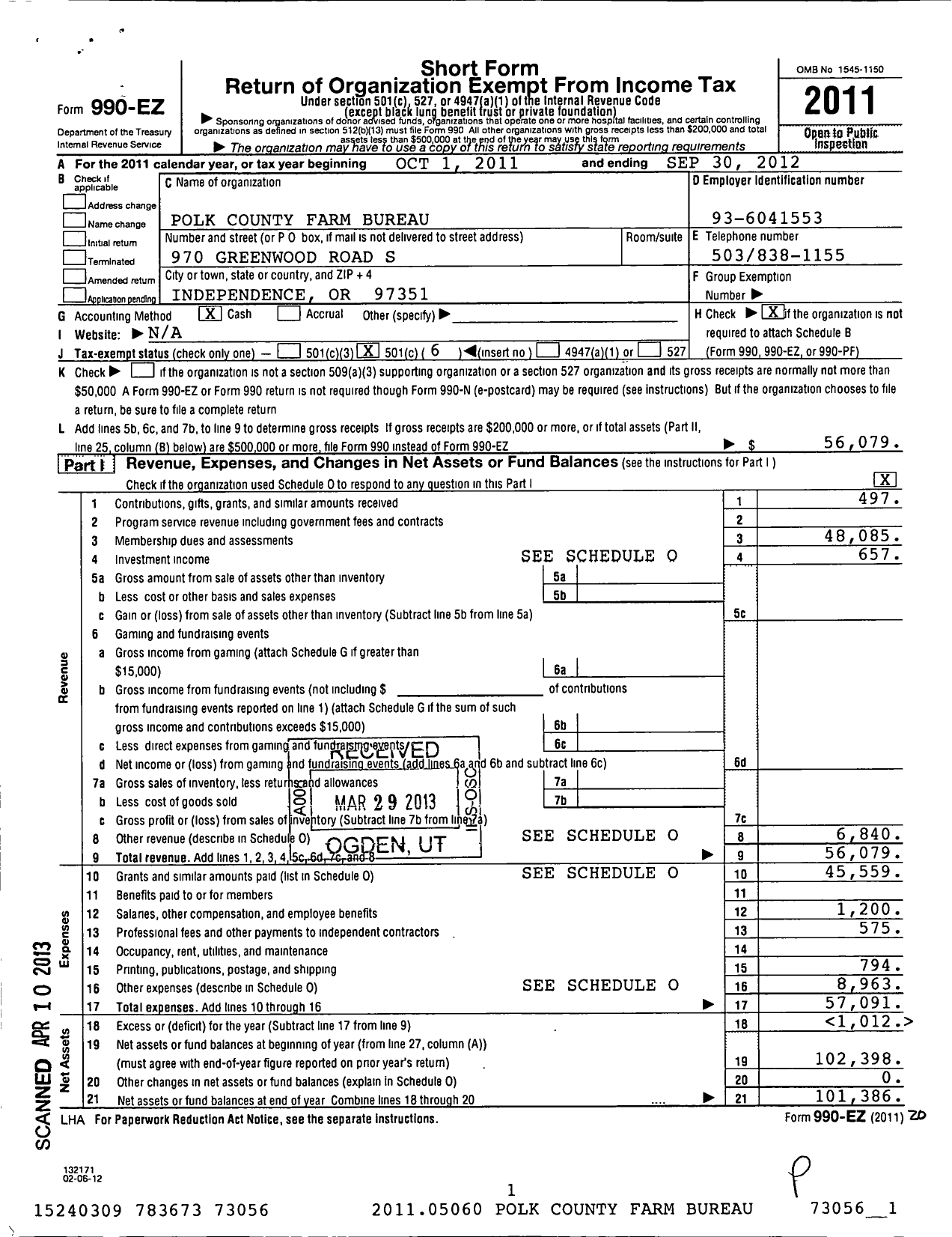 Image of first page of 2011 Form 990EO for Polk County Farm Bureau