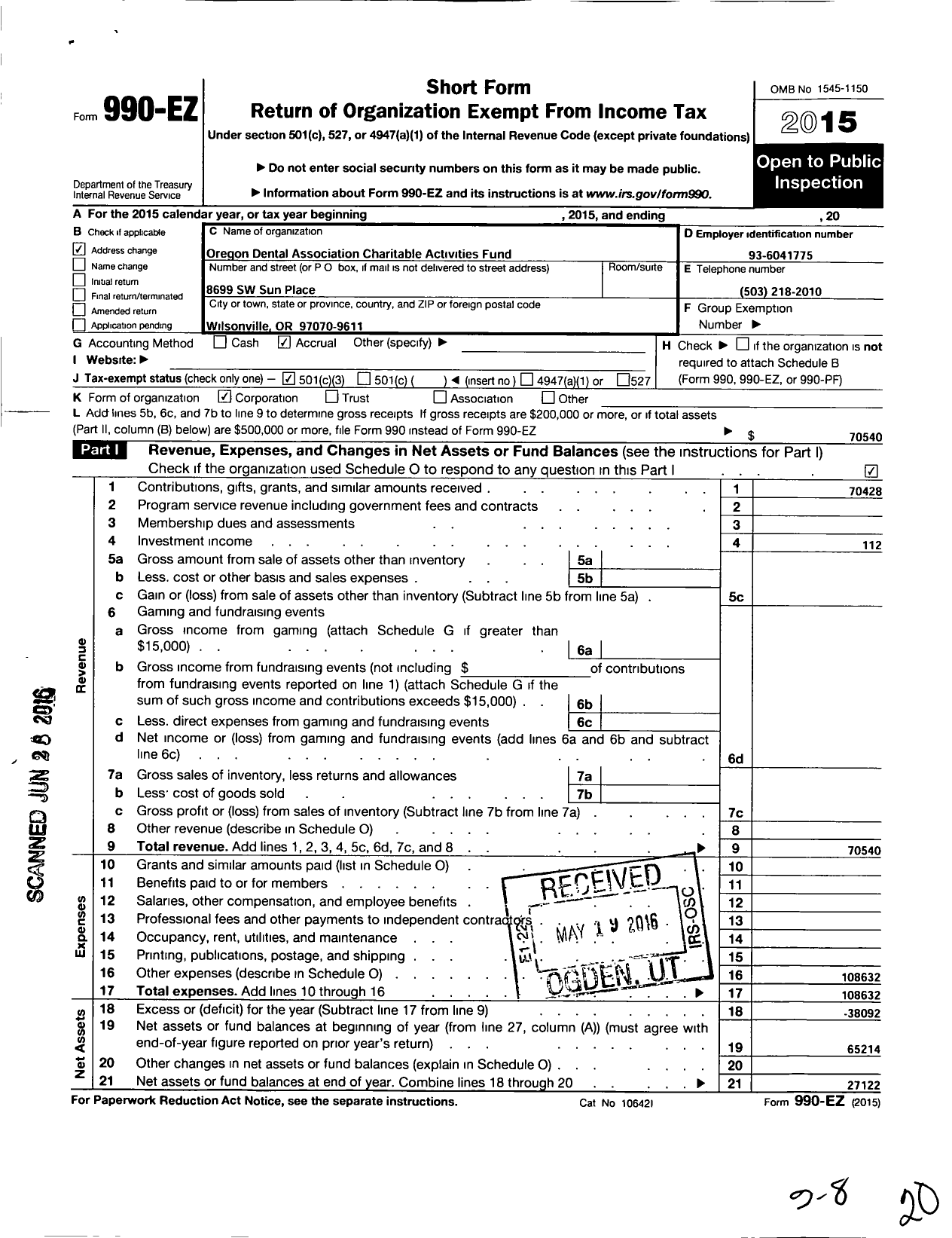 Image of first page of 2015 Form 990EZ for Oregon Dental Association Charitable Activities Fund