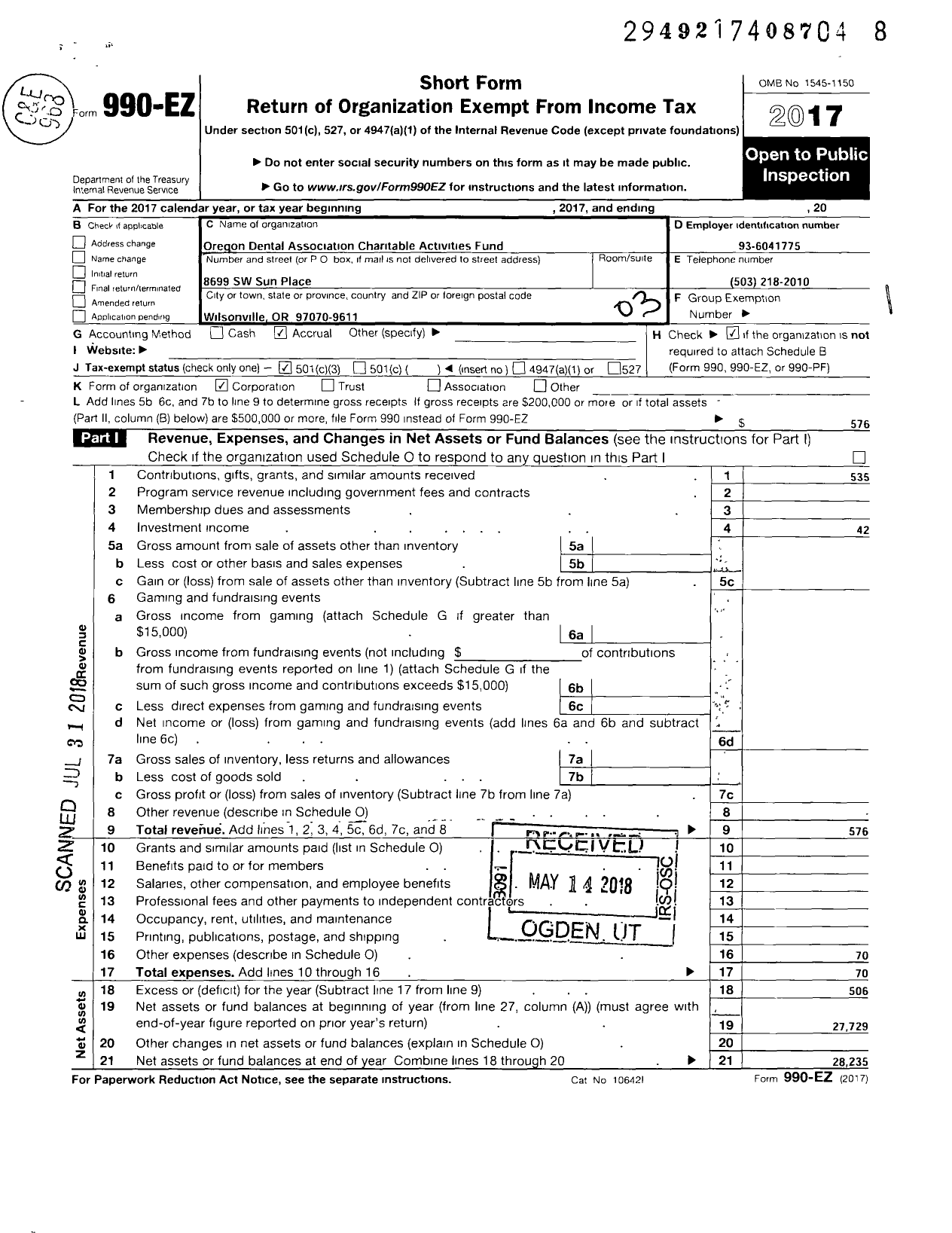 Image of first page of 2017 Form 990EZ for Oregon Dental Association Charitable Activities Fund