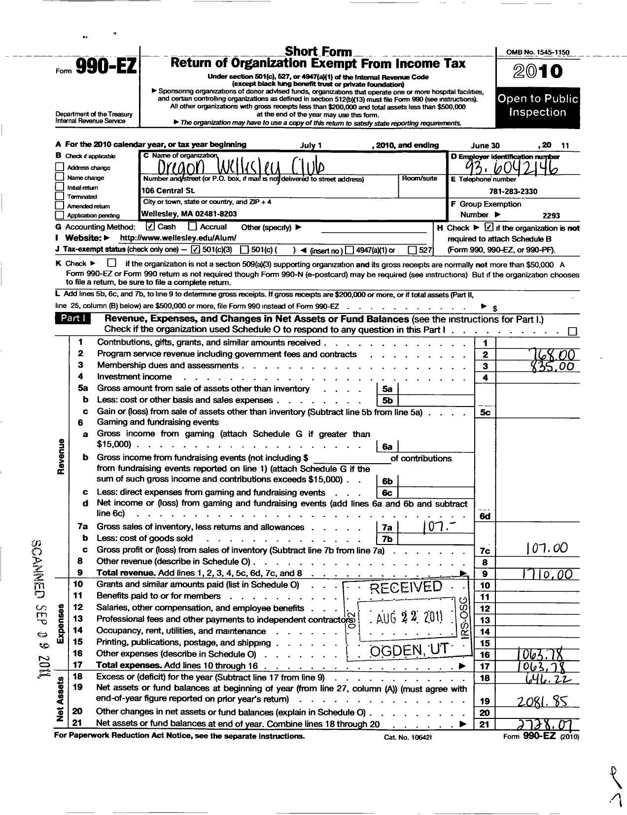 Image of first page of 2010 Form 990EZ for Wellesley College Alumnae Association / Oregon Wellesley Club