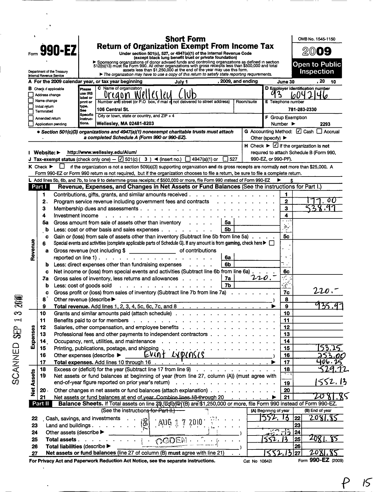 Image of first page of 2009 Form 990EZ for Wellesley College Alumnae Association / Oregon Wellesley Club