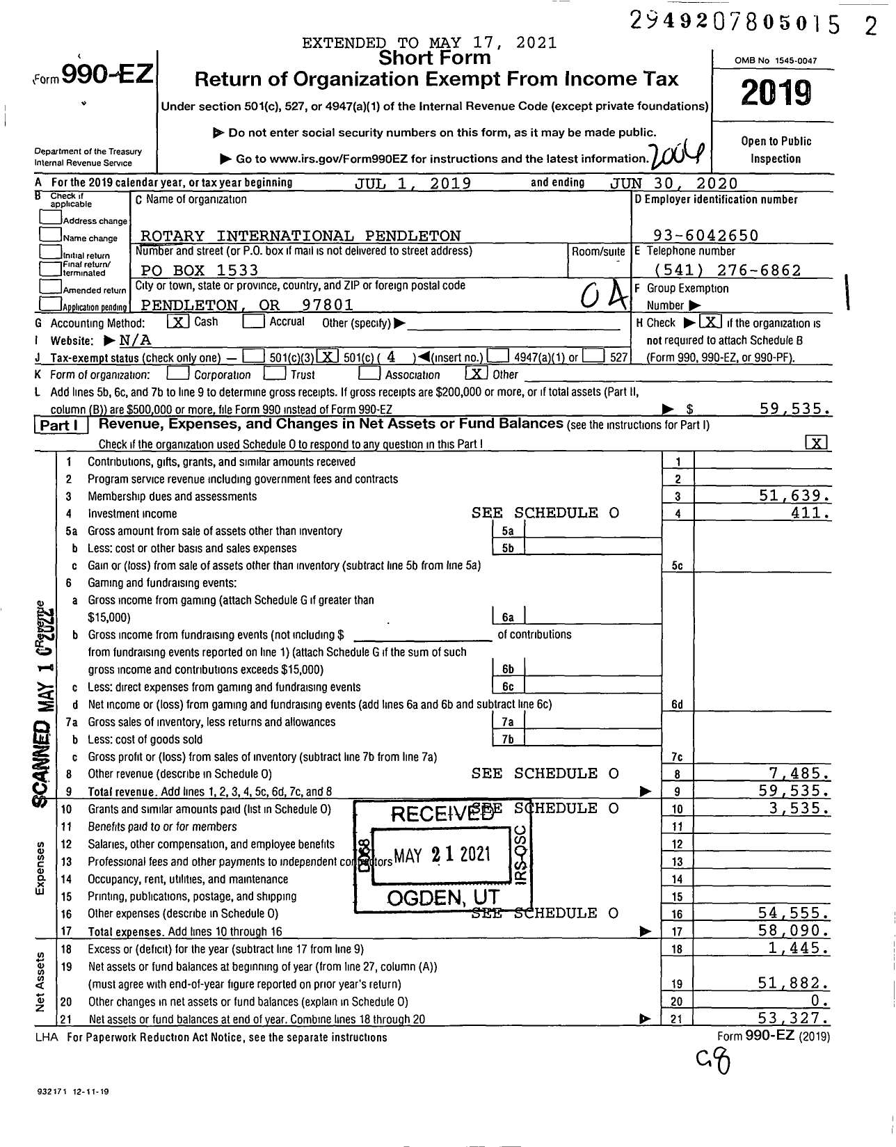 Image of first page of 2019 Form 990EO for Rotary International - Pendleton Rotary Club