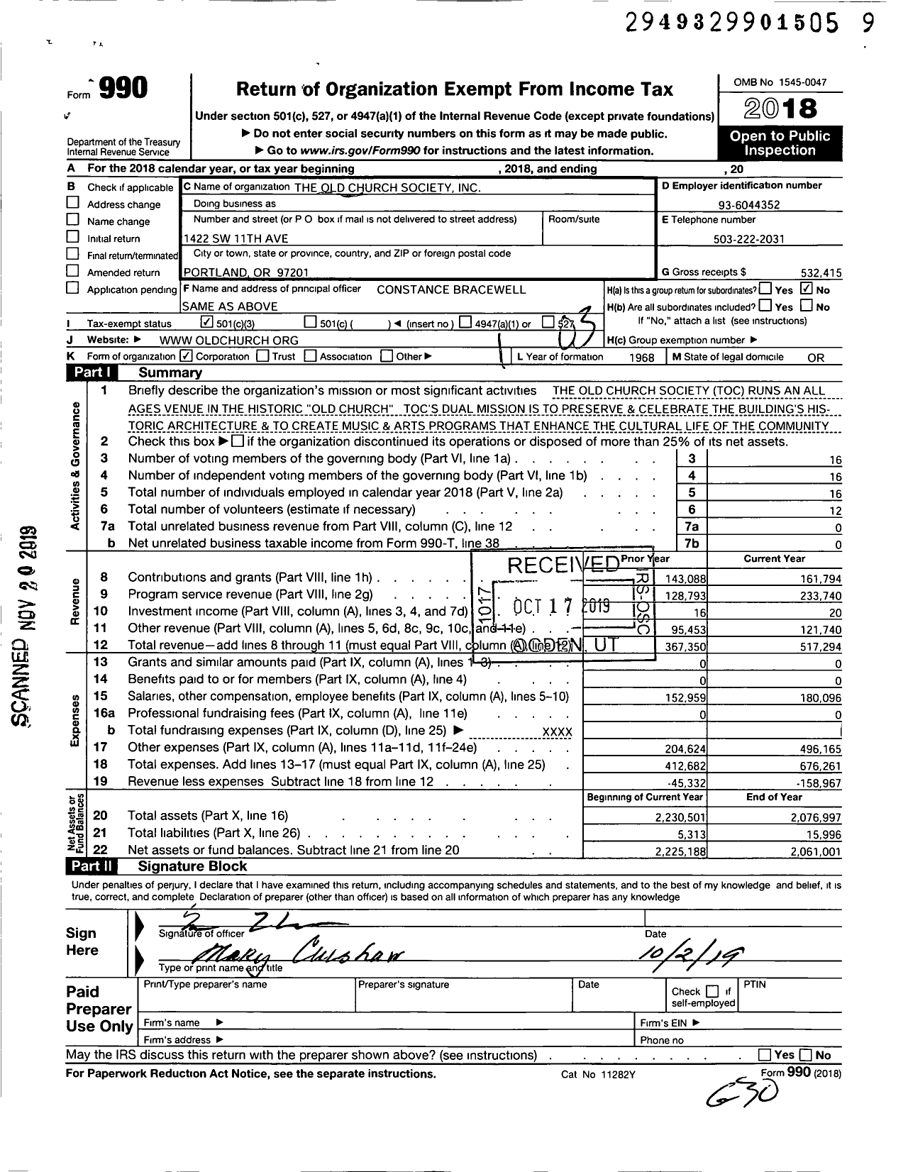 Image of first page of 2018 Form 990 for Old Church Society