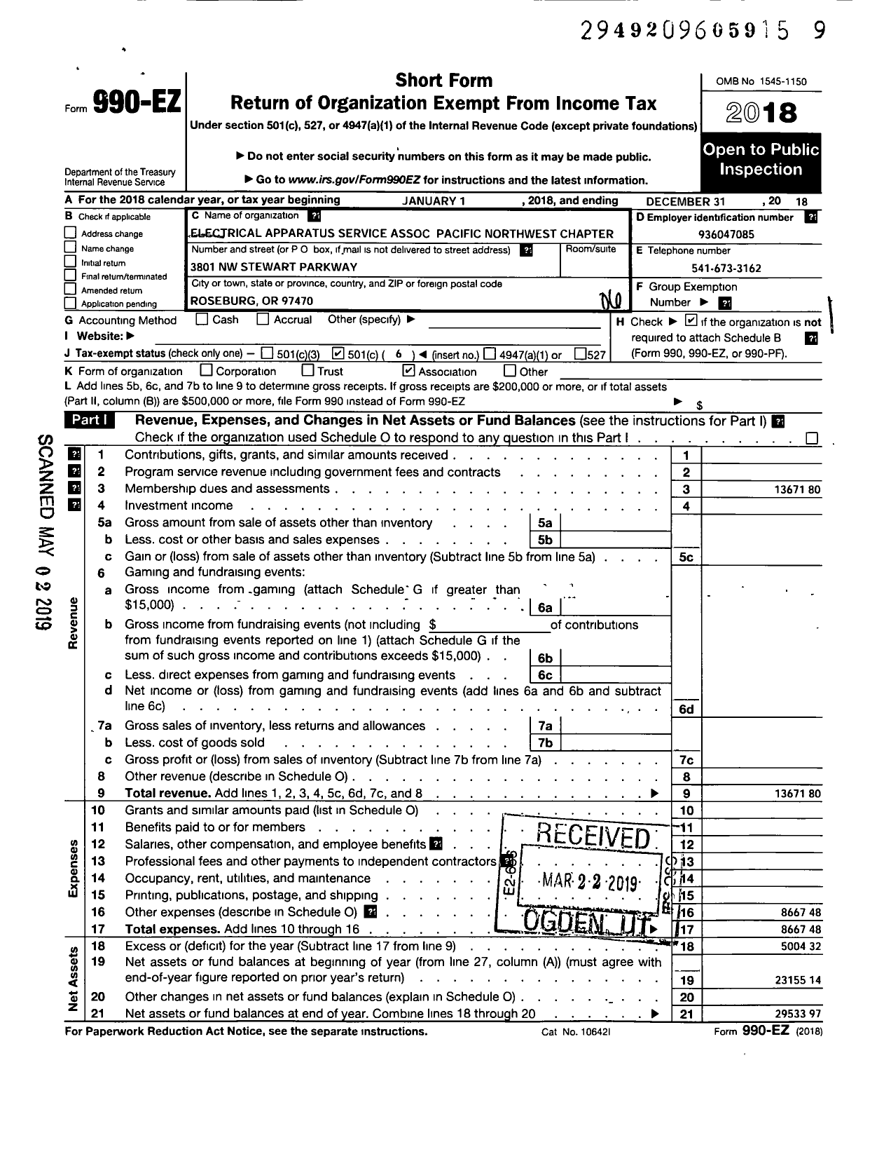 Image of first page of 2018 Form 990EO for Electrical Apparatus Service Association / Pacific Northwest Chapter