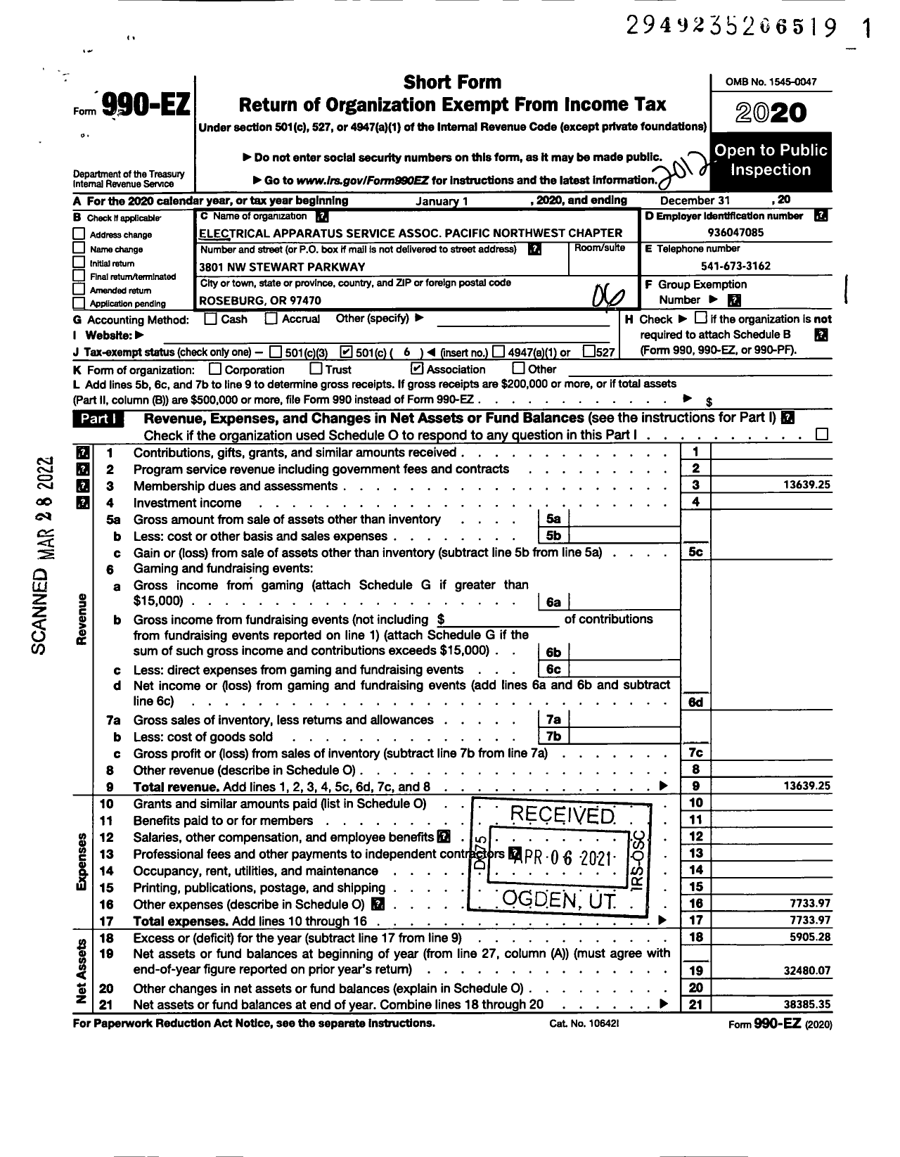 Image of first page of 2020 Form 990EO for Electrical Apparatus Service Association / Pacific Northwest Chapter