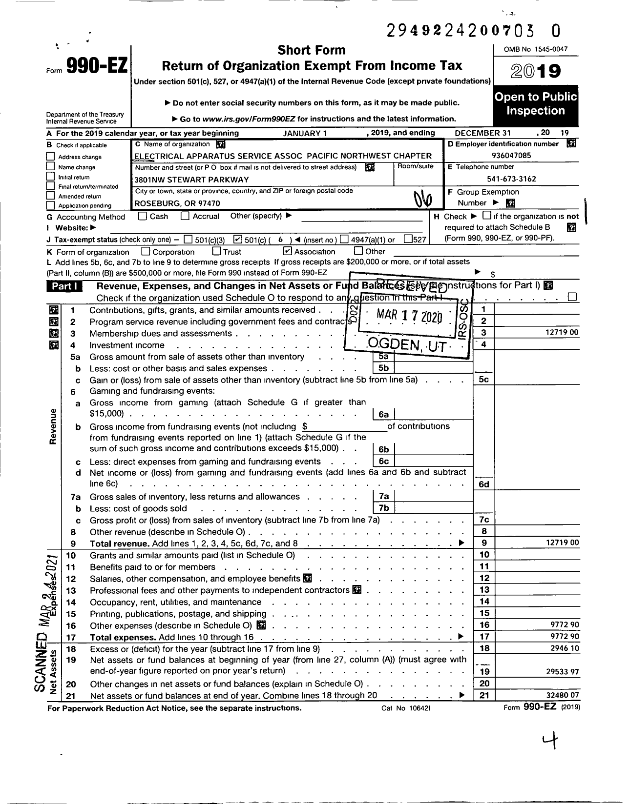 Image of first page of 2019 Form 990EO for Electrical Apparatus Service Association / Pacific Northwest Chapter