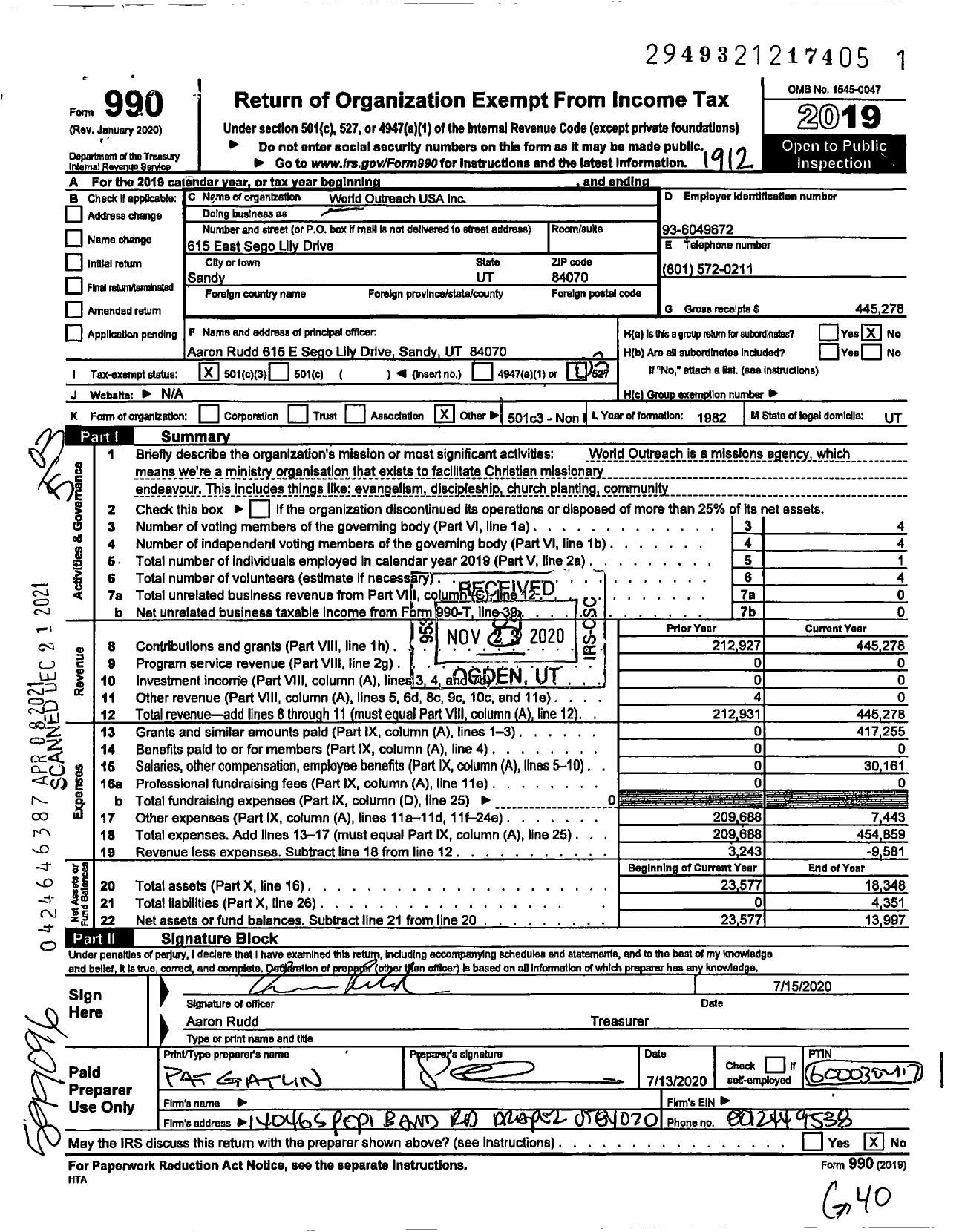 Image of first page of 2019 Form 990 for World Outreach USA