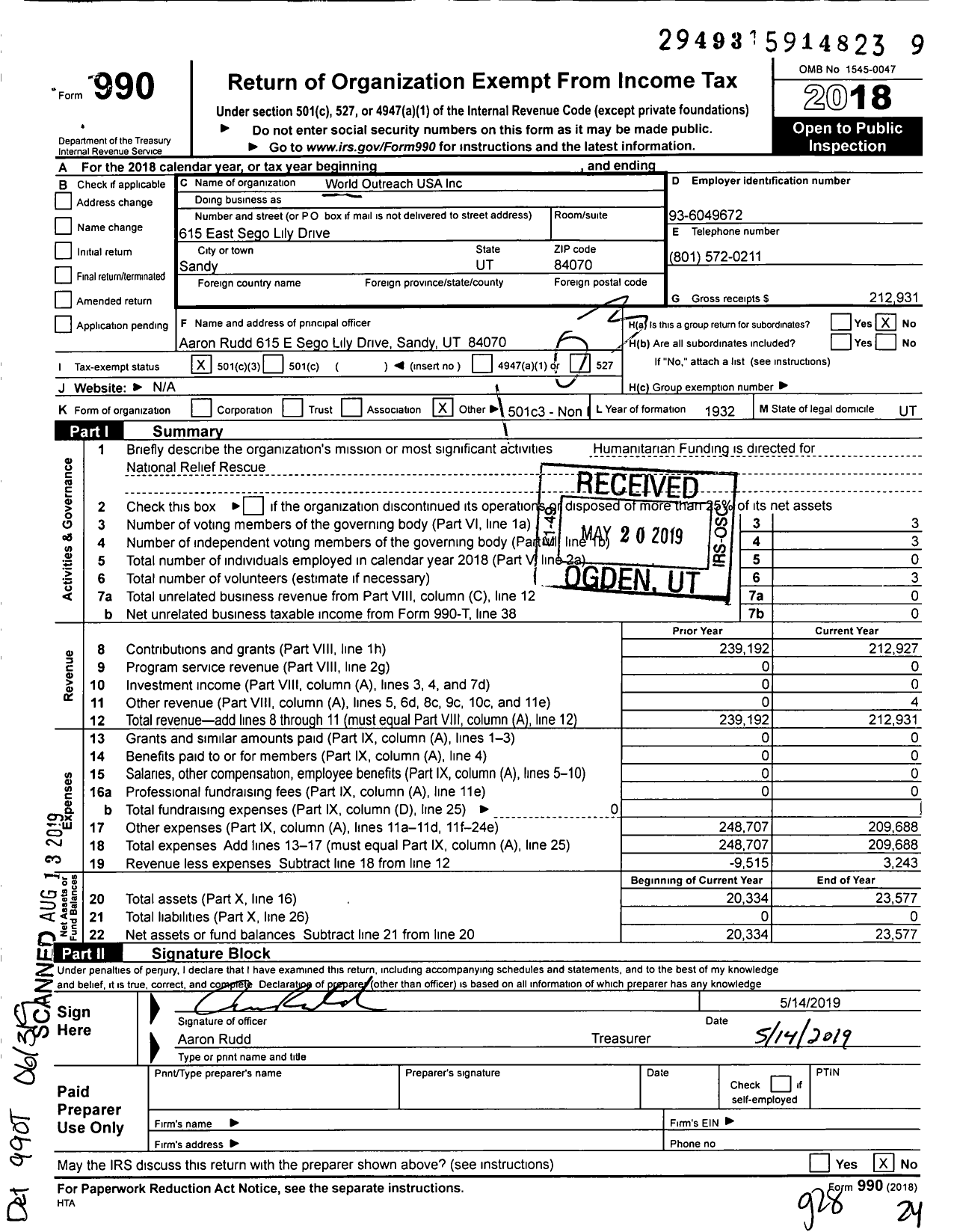 Image of first page of 2018 Form 990 for World Outreach USA