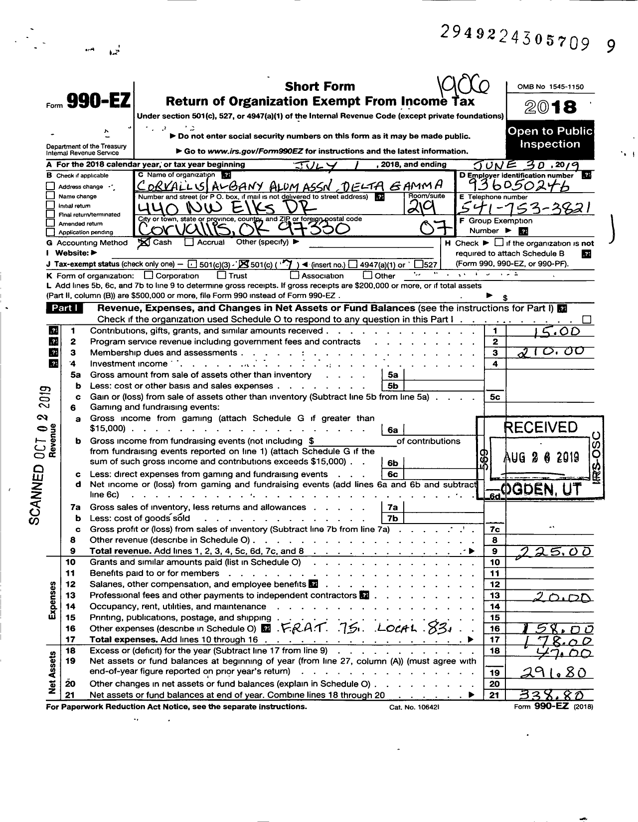 Image of first page of 2018 Form 990EO for Delta Gamma Fraternity / Corvallis-Albany Alumnae Associatio