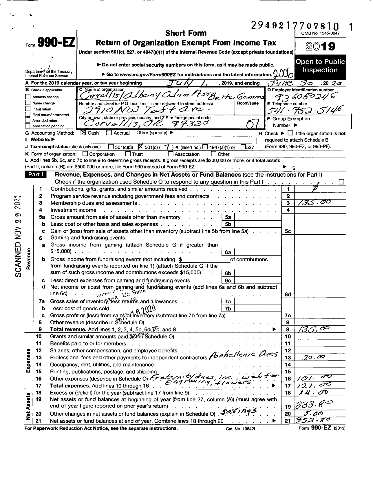 Image of first page of 2019 Form 990EO for Delta Gamma Fraternity / Corvallis-Albany Alumnae Associatio