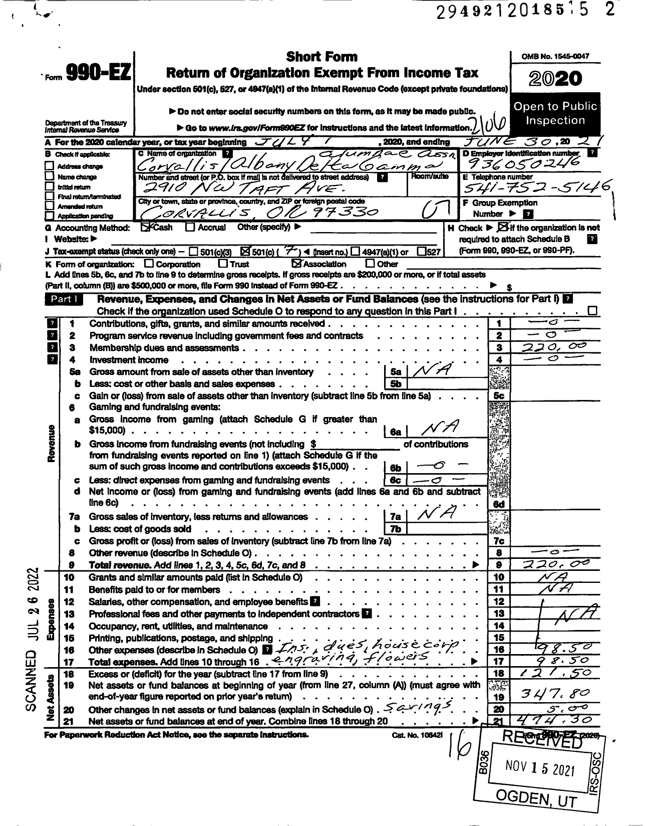 Image of first page of 2020 Form 990EO for Delta Gamma Fraternity / Corvallis-Albany Alumnae Associatio