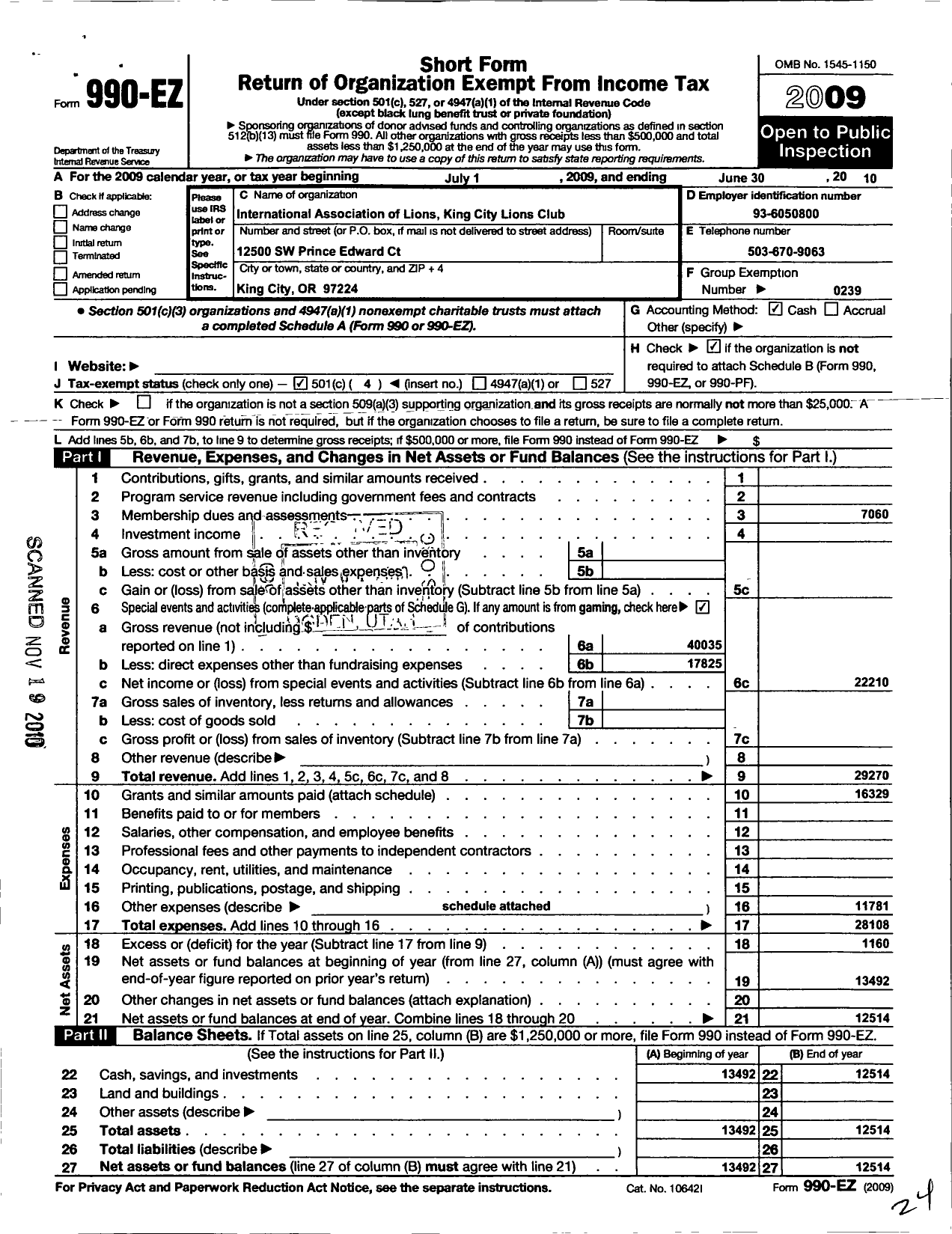 Image of first page of 2009 Form 990EO for Lions Clubs - 12794 King City