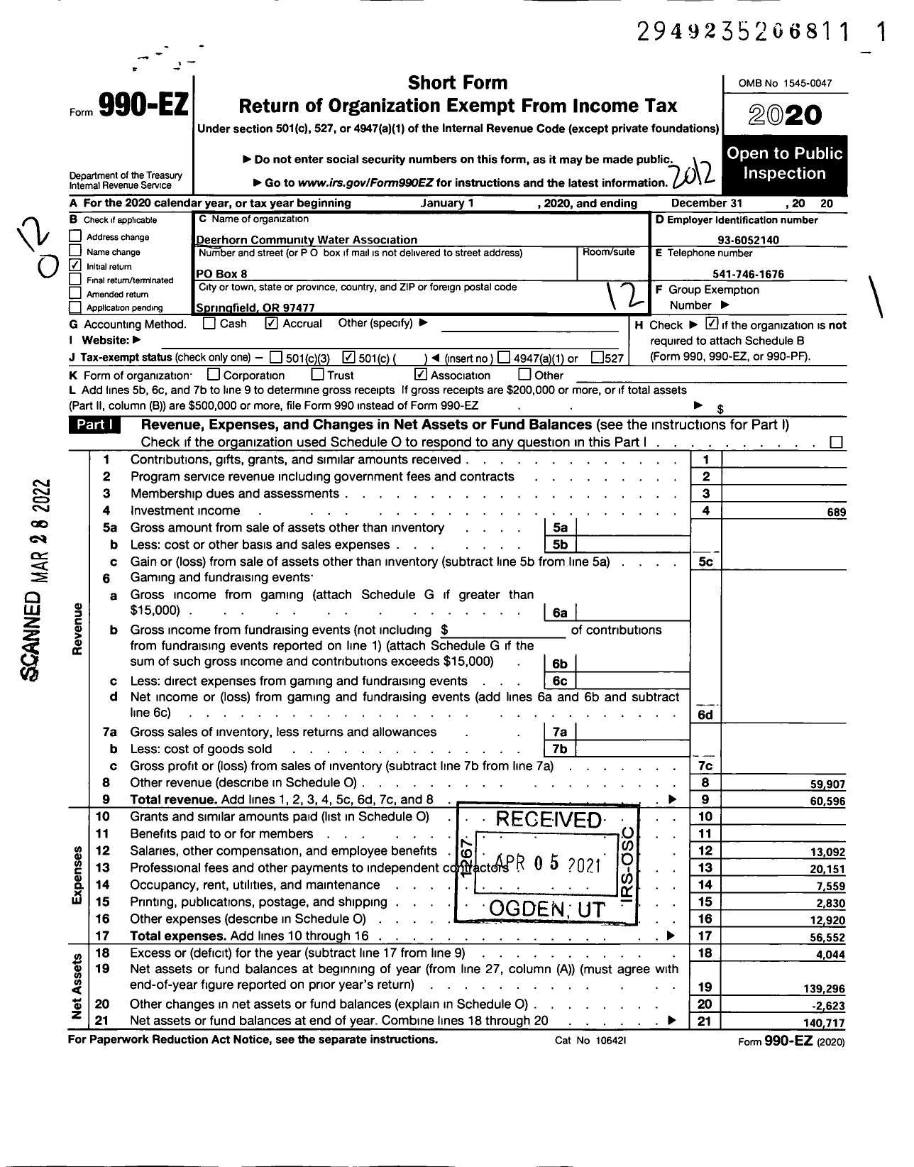 Image of first page of 2020 Form 990EO for Deerhorn Community Water Association