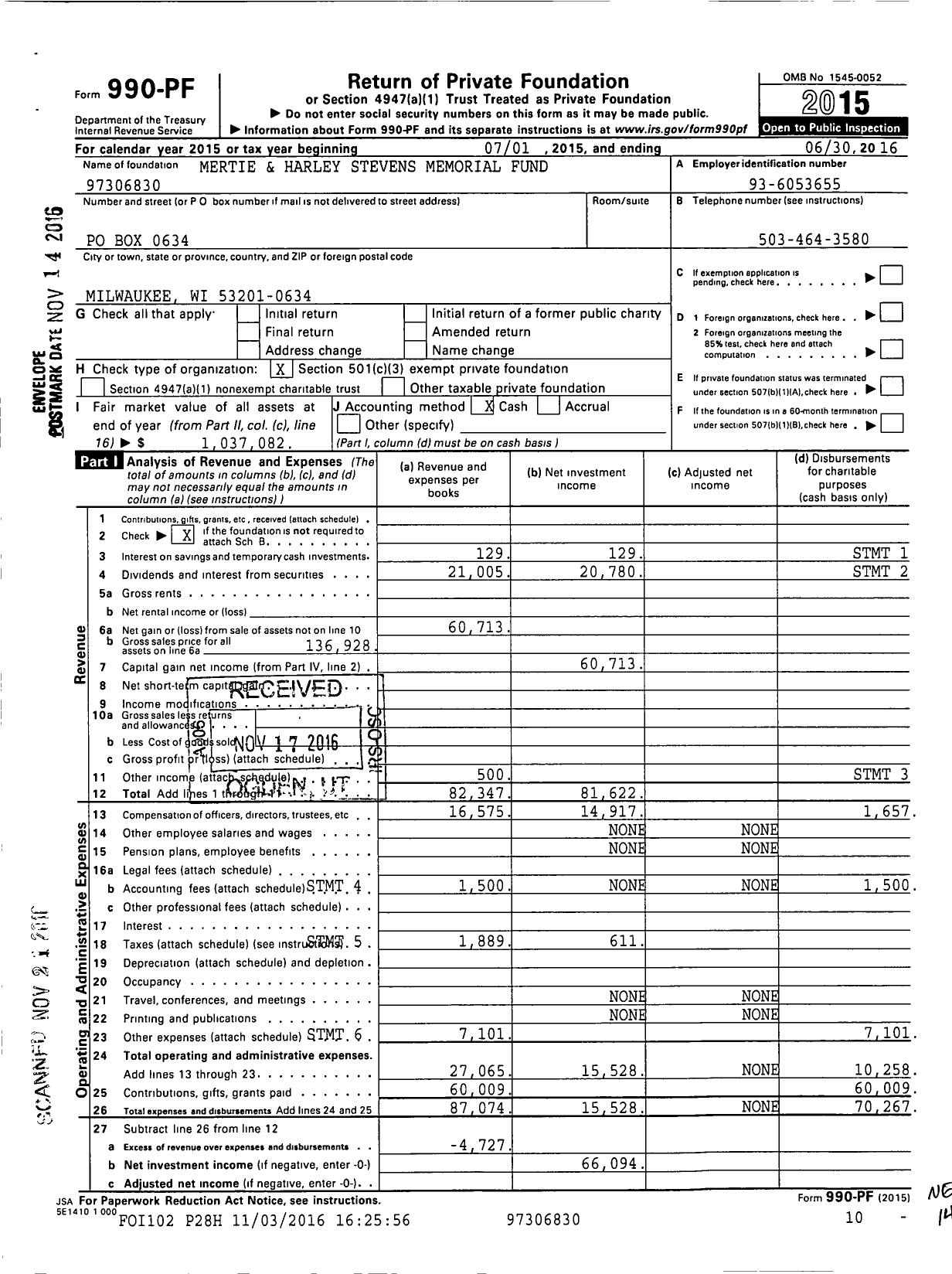 Image of first page of 2015 Form 990PF for Mertie and Harley Stevens Memorial Fund