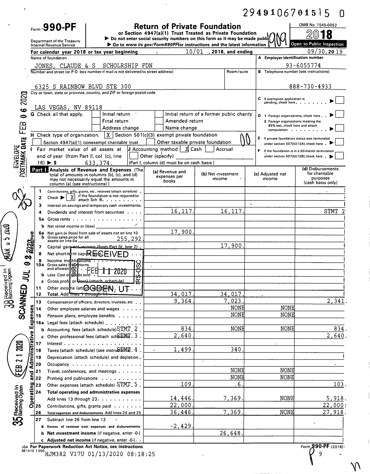 Image of first page of 2018 Form 990PR for Jones Claude and S Scholrship Foundation