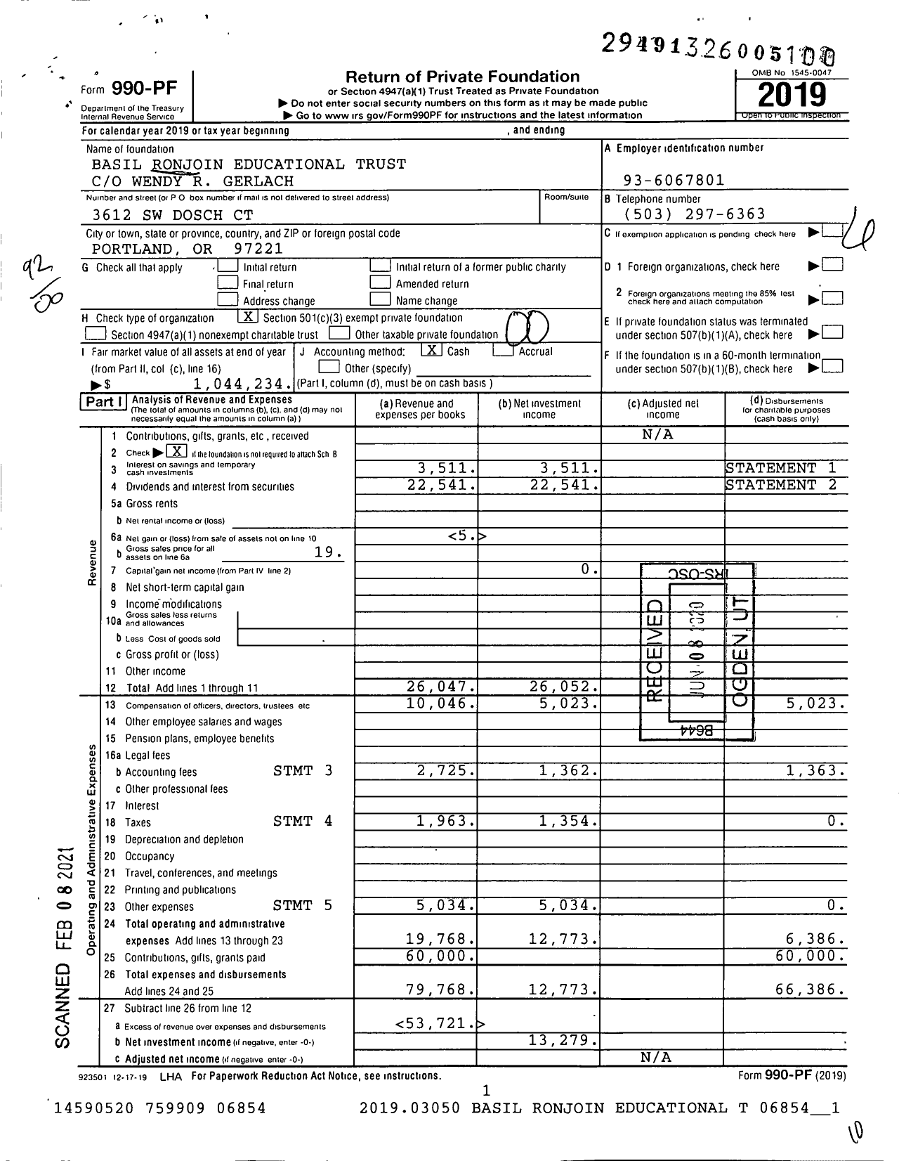 Image of first page of 2019 Form 990PF for Basil Ronjoin Educational Trust