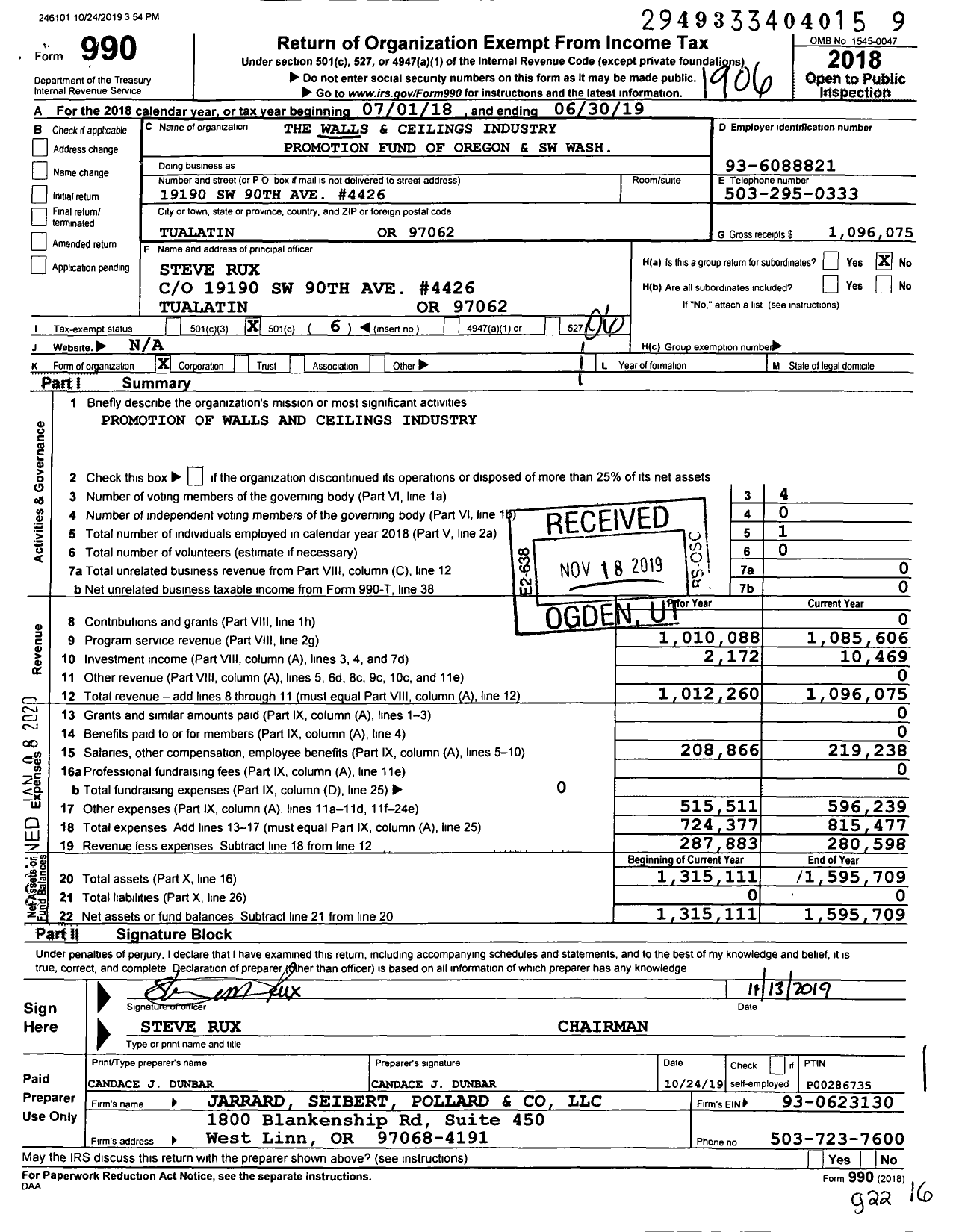 Image of first page of 2018 Form 990O for The Walls and Ceilings Industry Promotion Fund of Oregon and SW Wash
