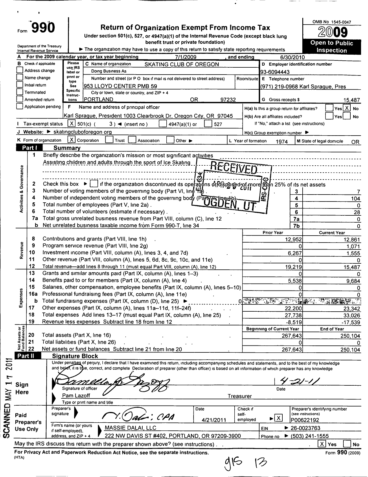 Image of first page of 2009 Form 990 for Skating Club of Oregon