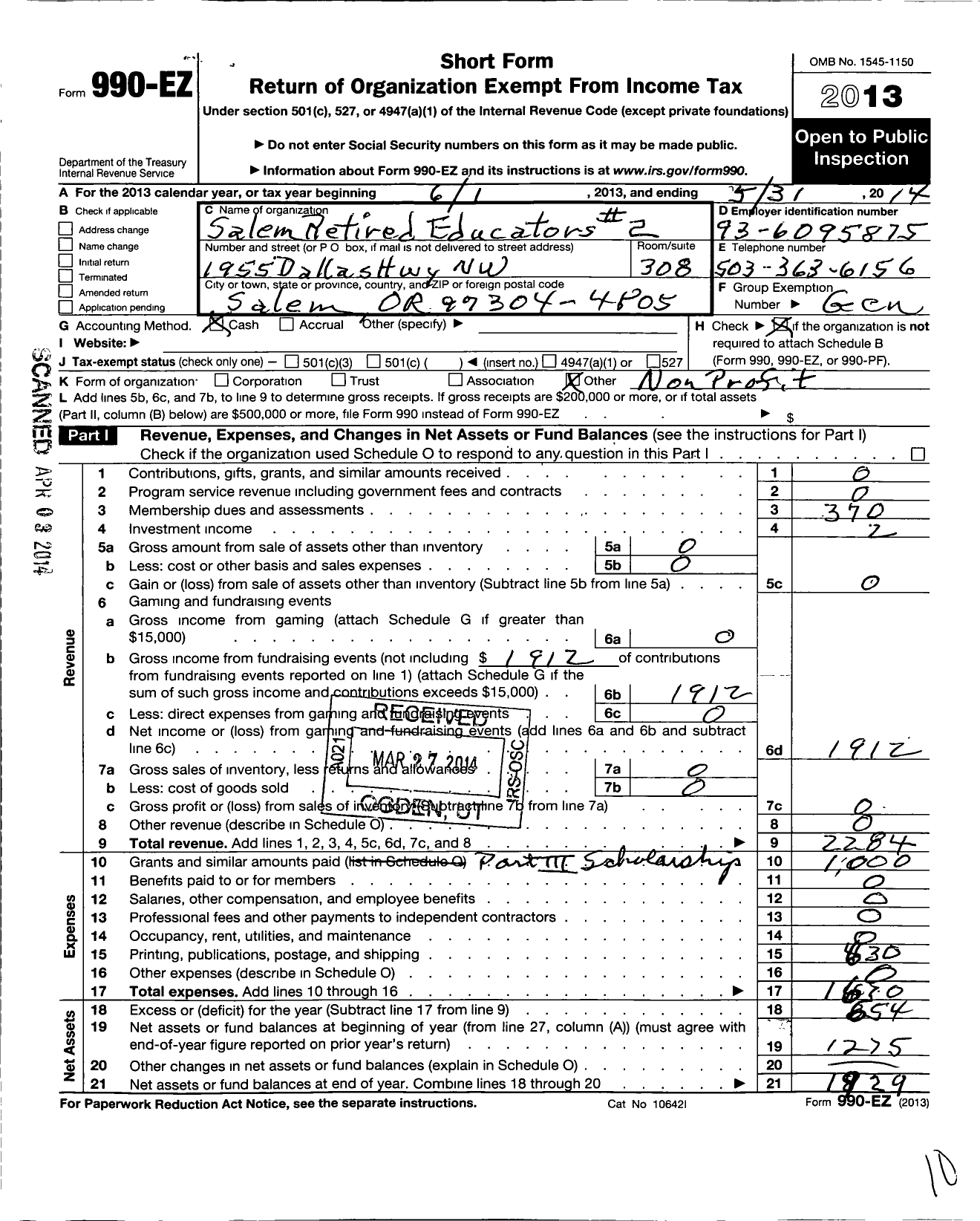 Image of first page of 2013 Form 990EO for Salem Retired Educators Unit 2