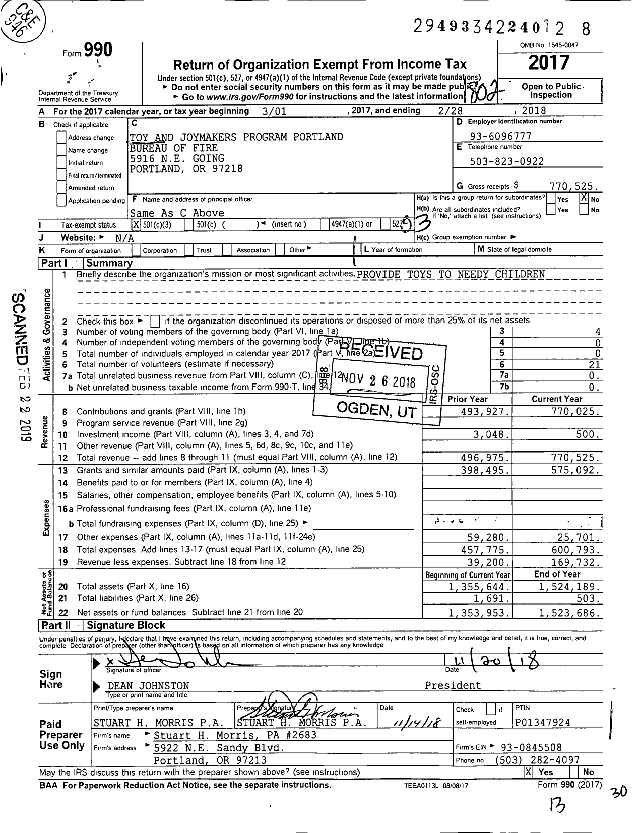 Image of first page of 2017 Form 990 for Toy and Joymakers Program Portland Bureau of Fire