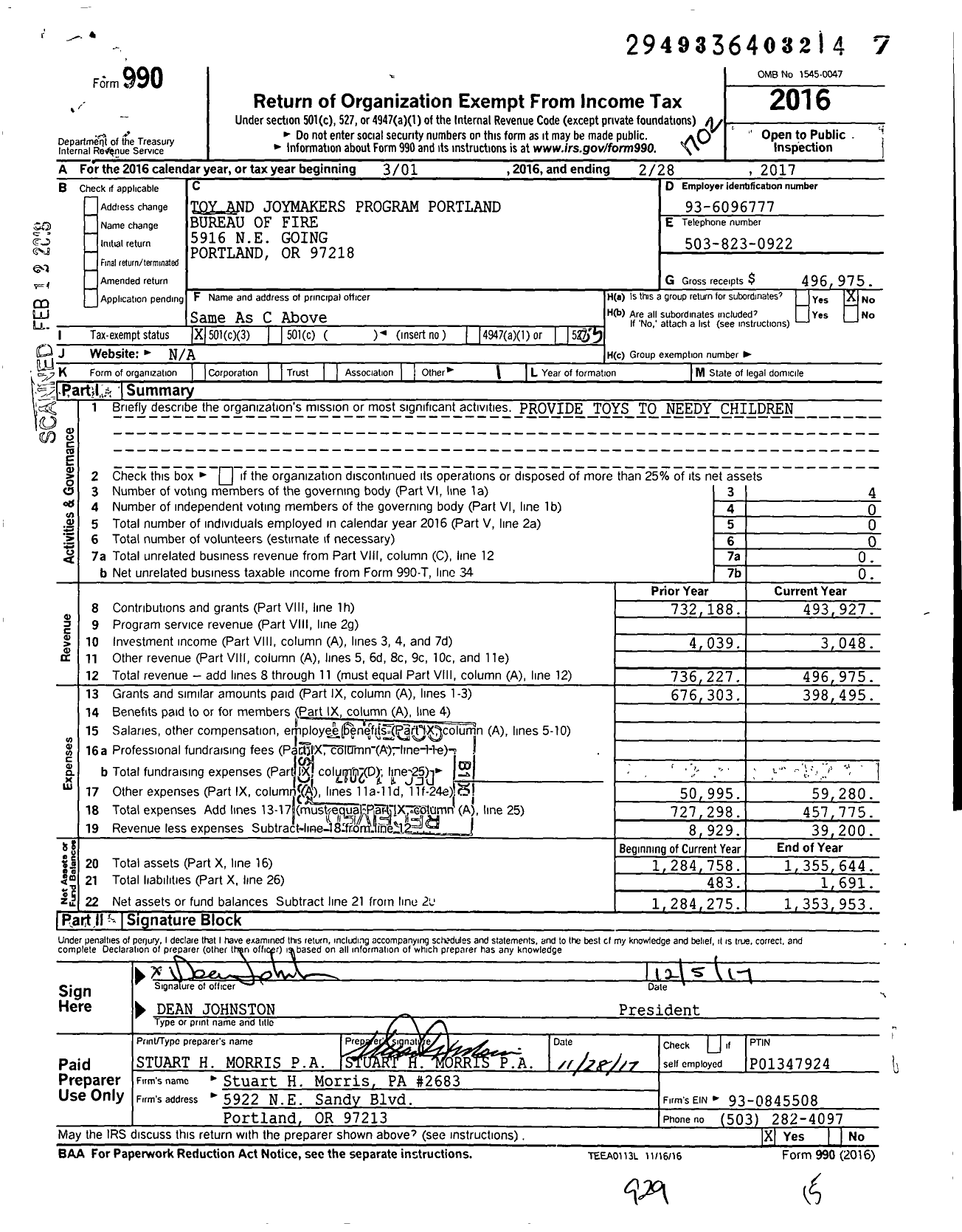 Image of first page of 2016 Form 990 for Toy and Joymakers Program Portland Bureau of Fire