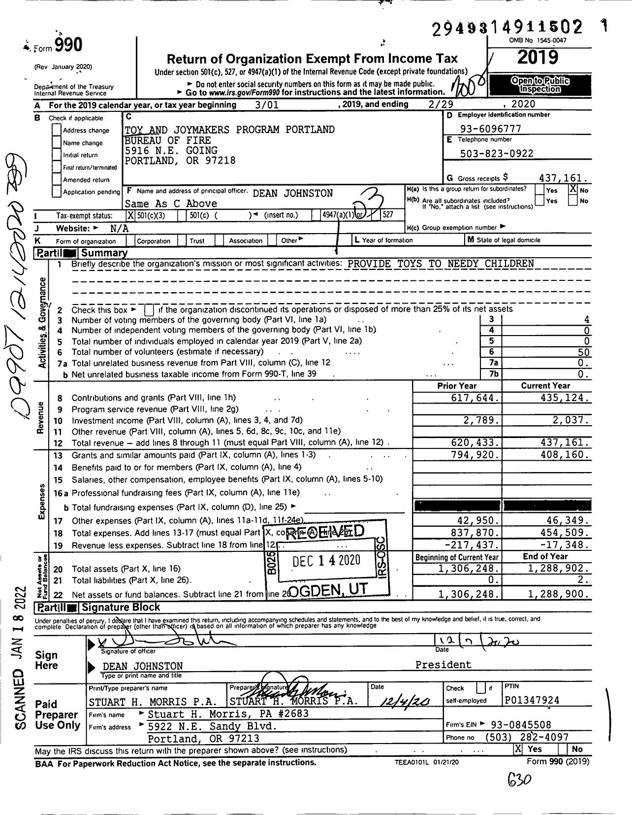 Image of first page of 2019 Form 990 for Toy and Joymakers Program Portland Bureau of Fire