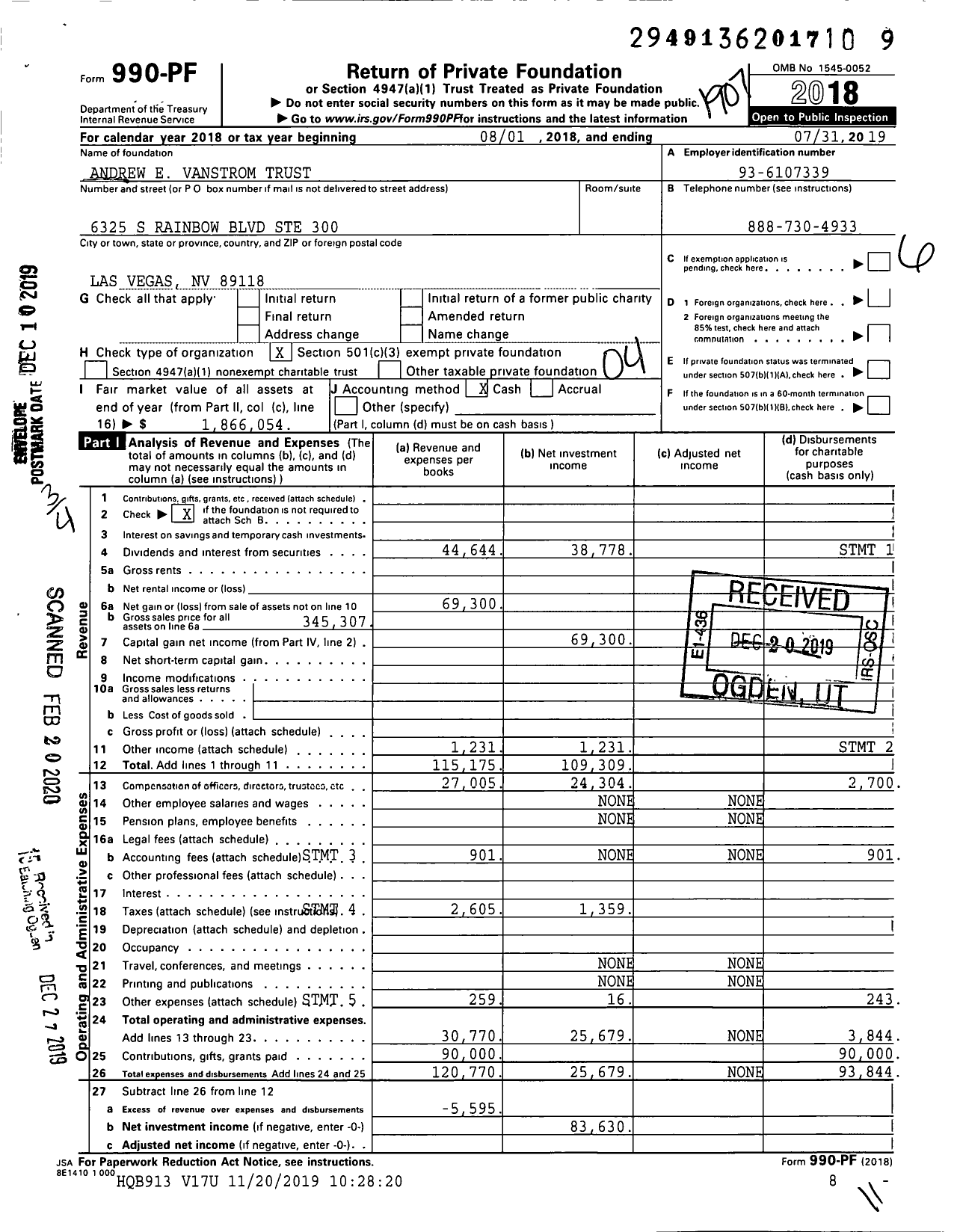 Image of first page of 2018 Form 990PR for Andrew E Vanstrom Trust