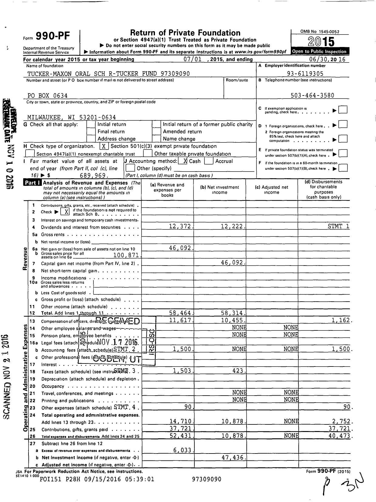 Image of first page of 2015 Form 990PF for Tucker-Maxon Oral SCH R-Tucker Fund