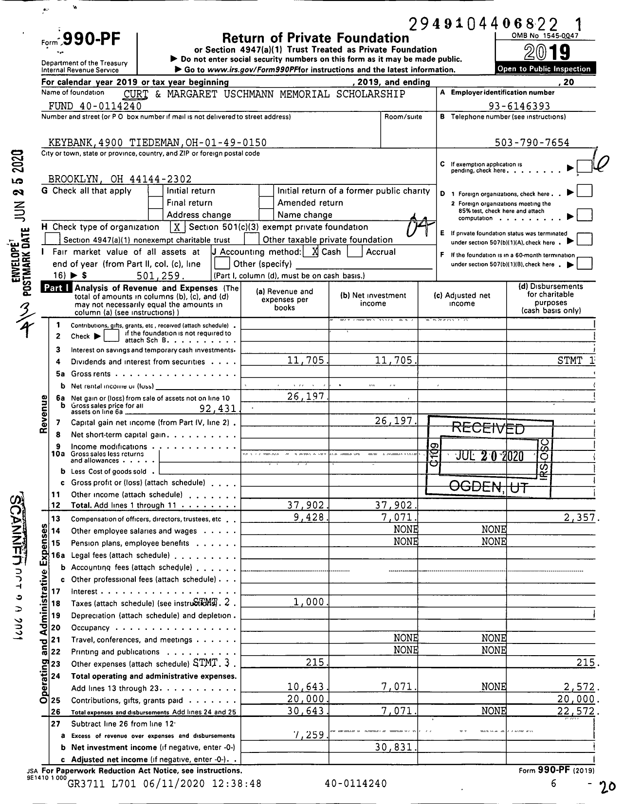 Image of first page of 2019 Form 990PF for Curt and Margaret Uschmann Memorial Scholarship