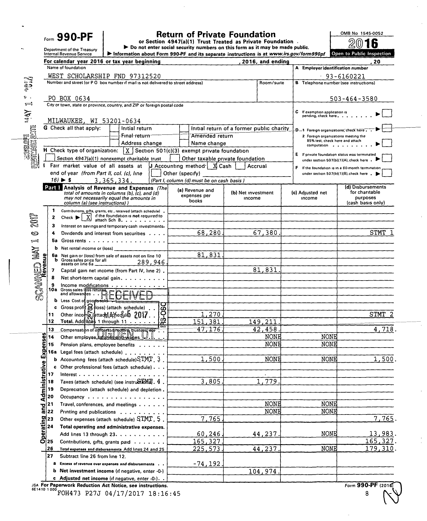Image of first page of 2016 Form 990PF for West Scholarship Fund