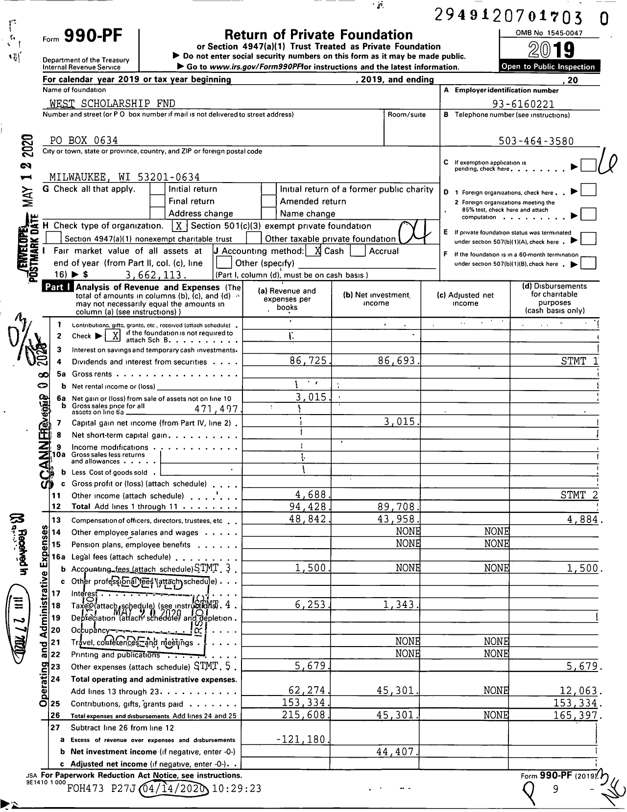 Image of first page of 2019 Form 990PR for West Scholarship FND