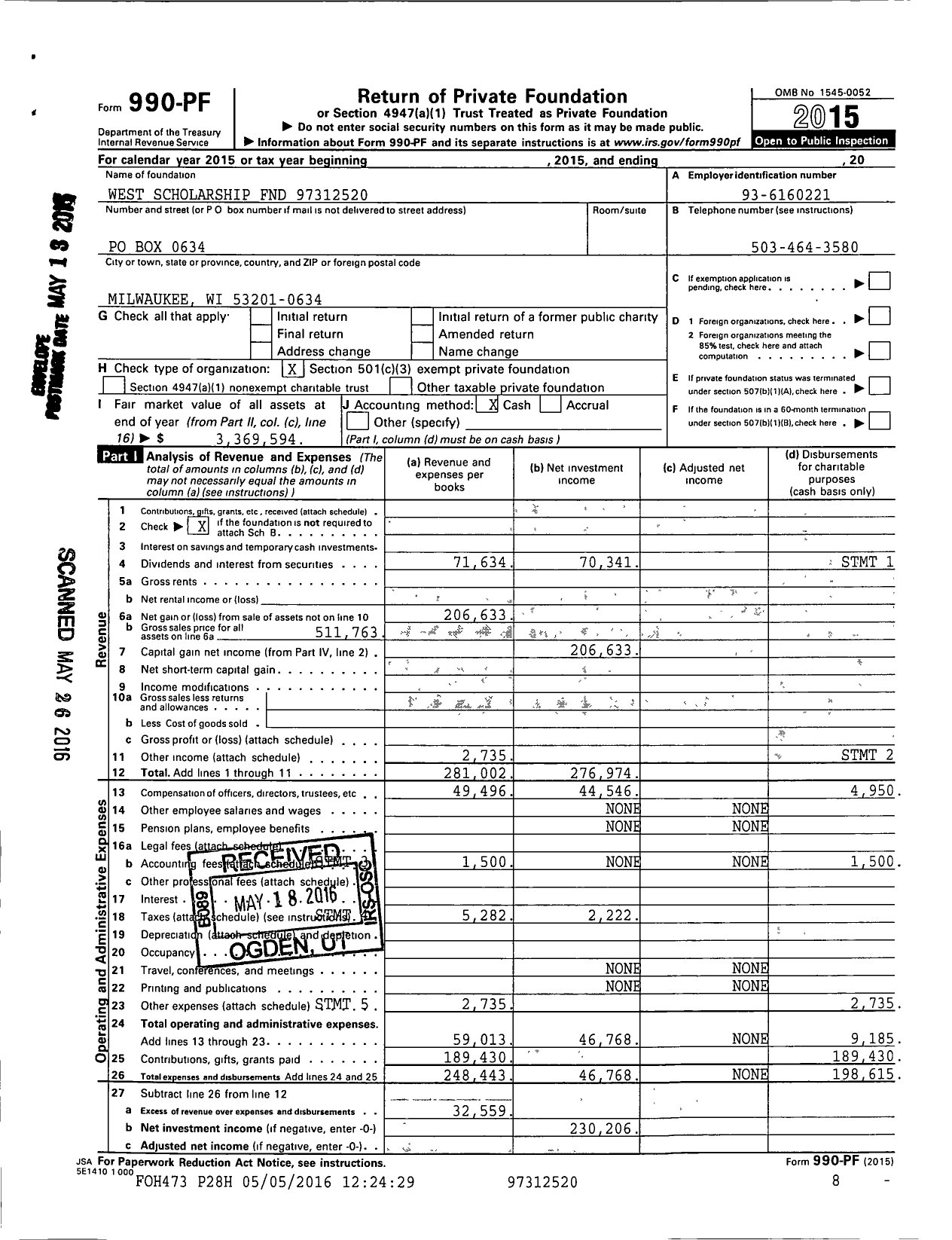 Image of first page of 2015 Form 990PF for West Scholarship Fund