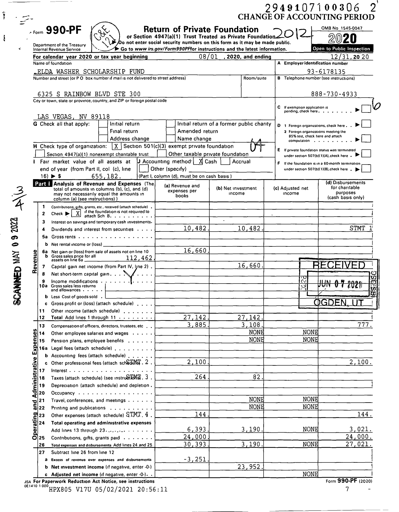 Image of first page of 2020 Form 990PF for Elda Washer Scholarship Fund