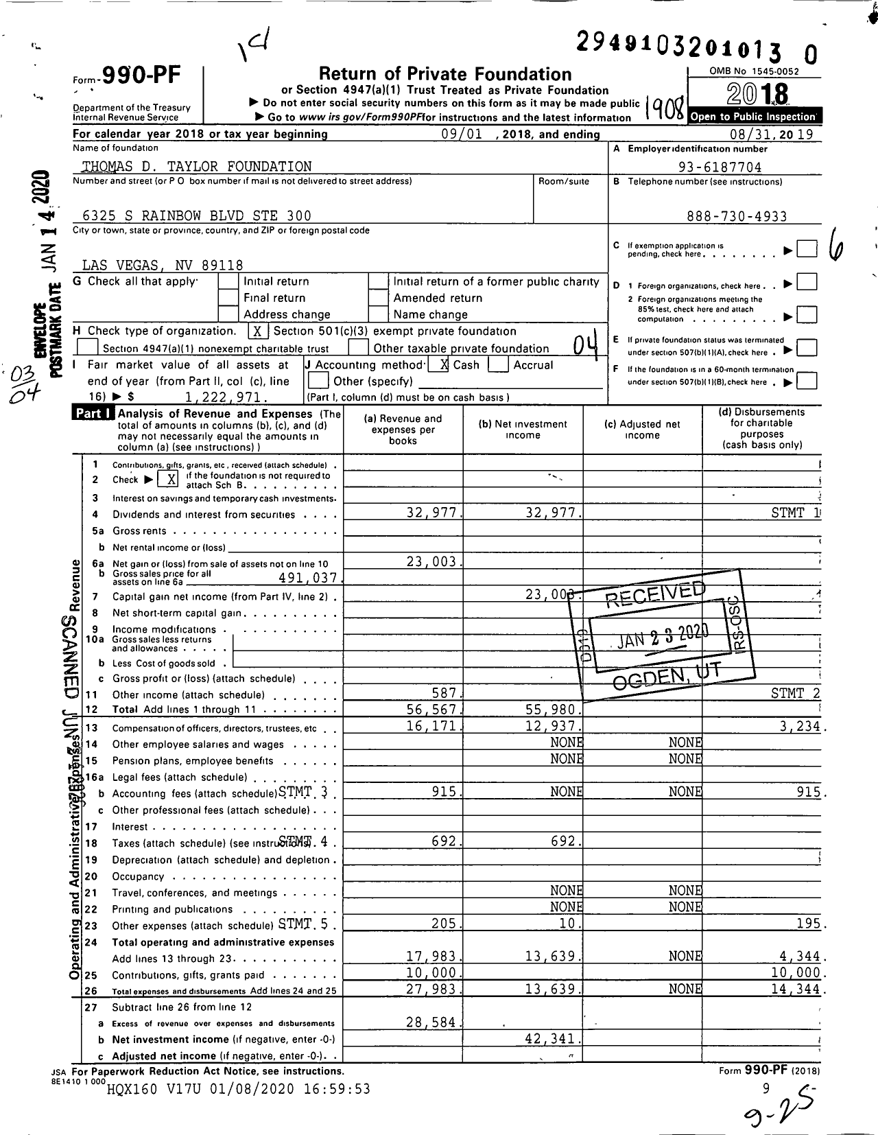 Image of first page of 2018 Form 990PR for Thomas D Taylor Foundation