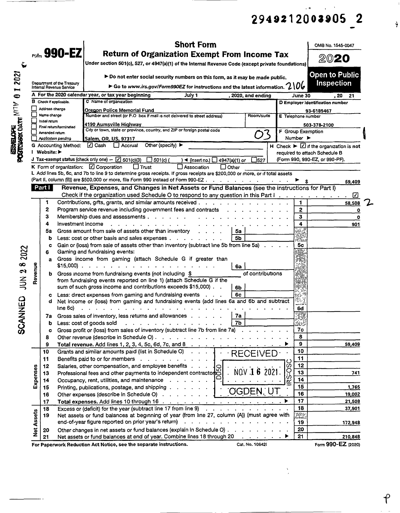 Image of first page of 2020 Form 990EZ for Oregon Police Memorial