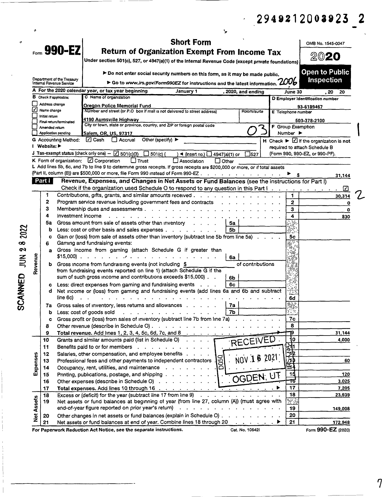 Image of first page of 2019 Form 990EZ for Oregon Police Memorial