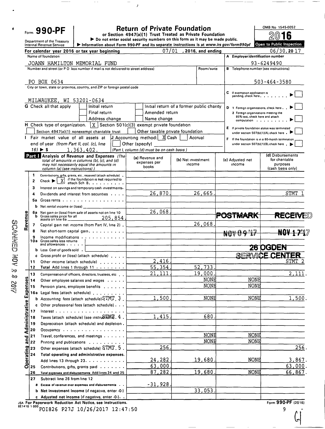 Image of first page of 2016 Form 990PF for Joann Hamilton Memorial Fund