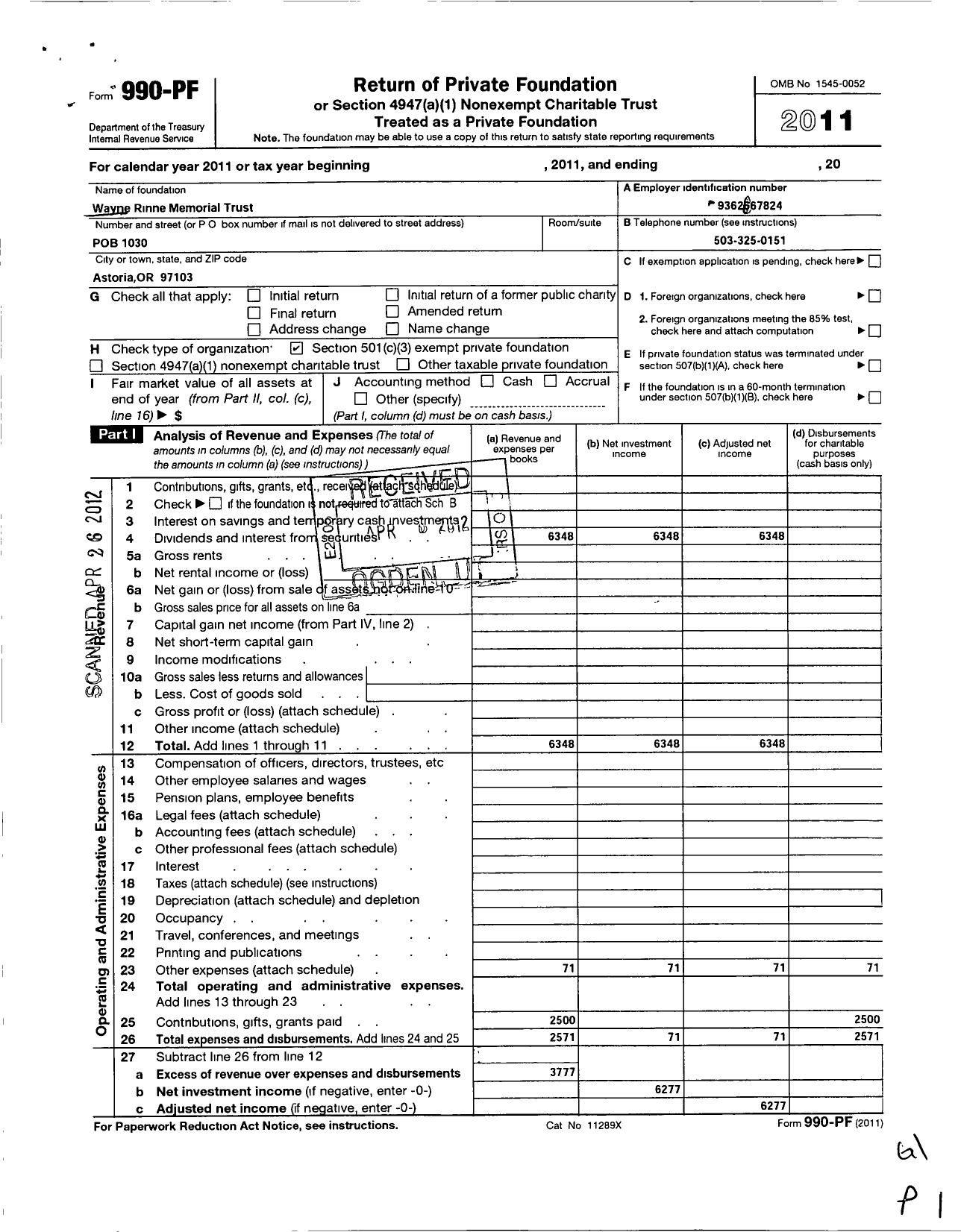 Image of first page of 2011 Form 990PF for Wayne Rinne Memorial Trust