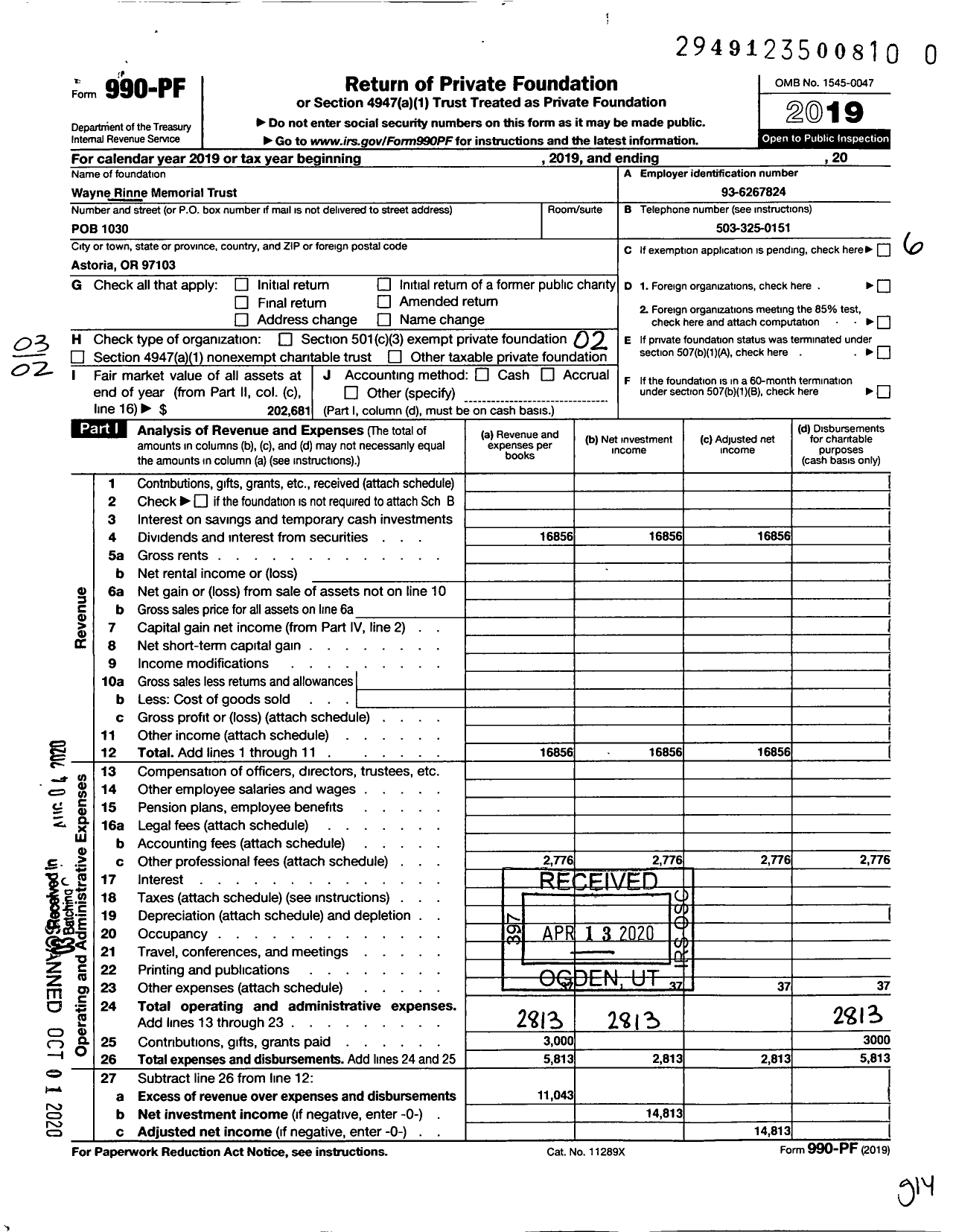 Image of first page of 2019 Form 990PR for Wayne Rinne Memorial Trust