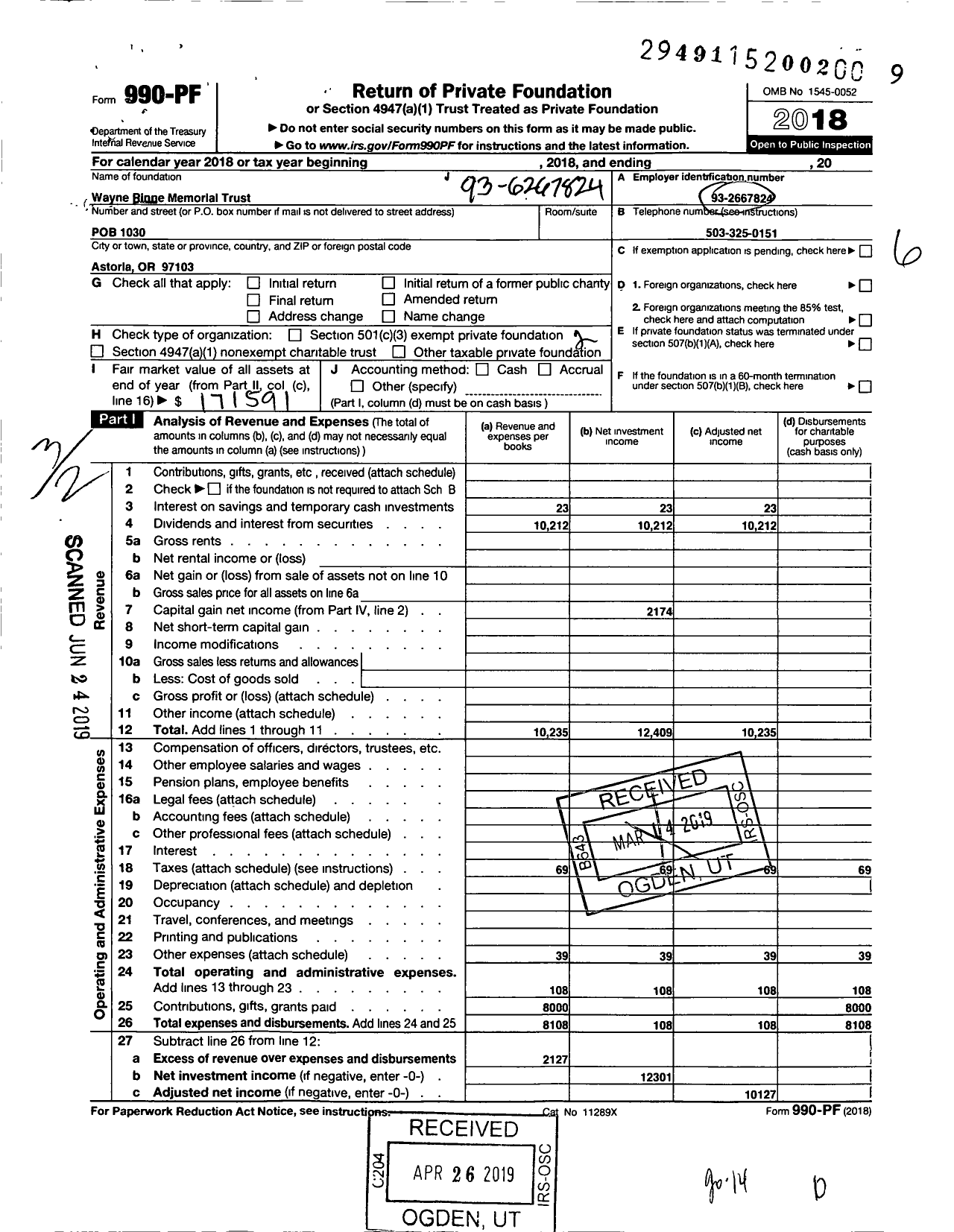 Image of first page of 2018 Form 990PF for Wayne Rinne Memorial Trust